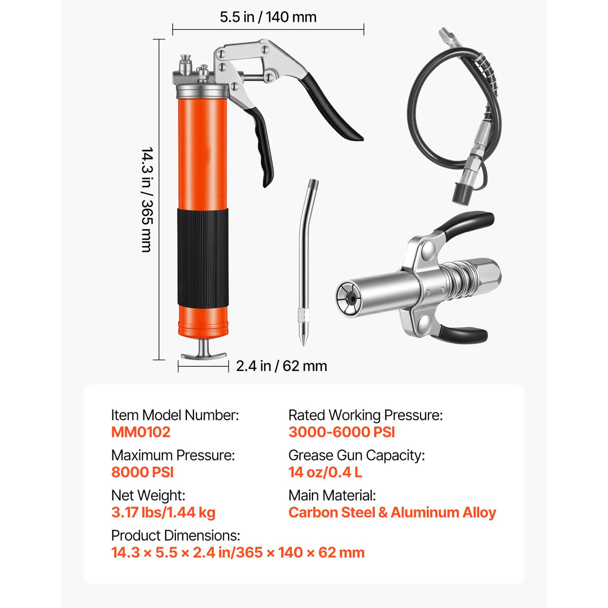 Grease Gun, 8000 PSI, Pistol Grip Grease Gun Kit with 0.4 L Capacity, Includes 46 cm Flex Hose, Double Handle Grease Coupler, Extension Rigid Pipe & Sharp Type Nozzle for Automotive, Marine