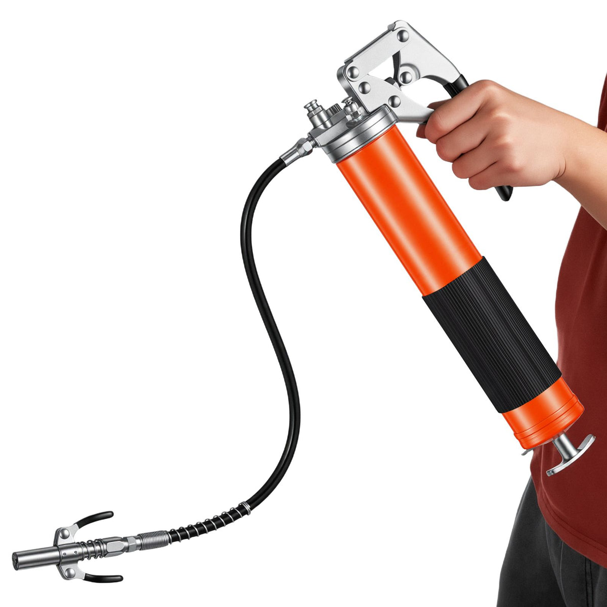 Grease Gun, 8000 PSI, Pistol Grip Grease Gun Kit with 0.4 L Capacity, Includes 46 cm Flex Hose, Double Handle Grease Coupler, Extension Rigid Pipe & Sharp Type Nozzle for Automotive, Marine
