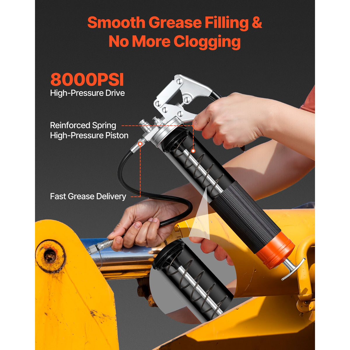 Grease Gun, 8000 PSI High Pressure, Heavy Duty Pistol Grip Grease Gun Kit with 0.4 L Capacity, Includes 46 cm Flex Hose, 1 Extension Rigid Pipe and 1 Sharp Type Nozzle for Automotive, Marine