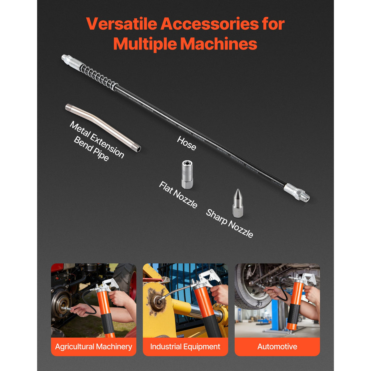 Grease Gun, 8000 PSI High Pressure, Heavy Duty Pistol Grip Grease Gun Kit with 0.4 L Capacity, Includes 46 cm Flex Hose, 1 Extension Rigid Pipe and 1 Sharp Type Nozzle for Automotive, Marine