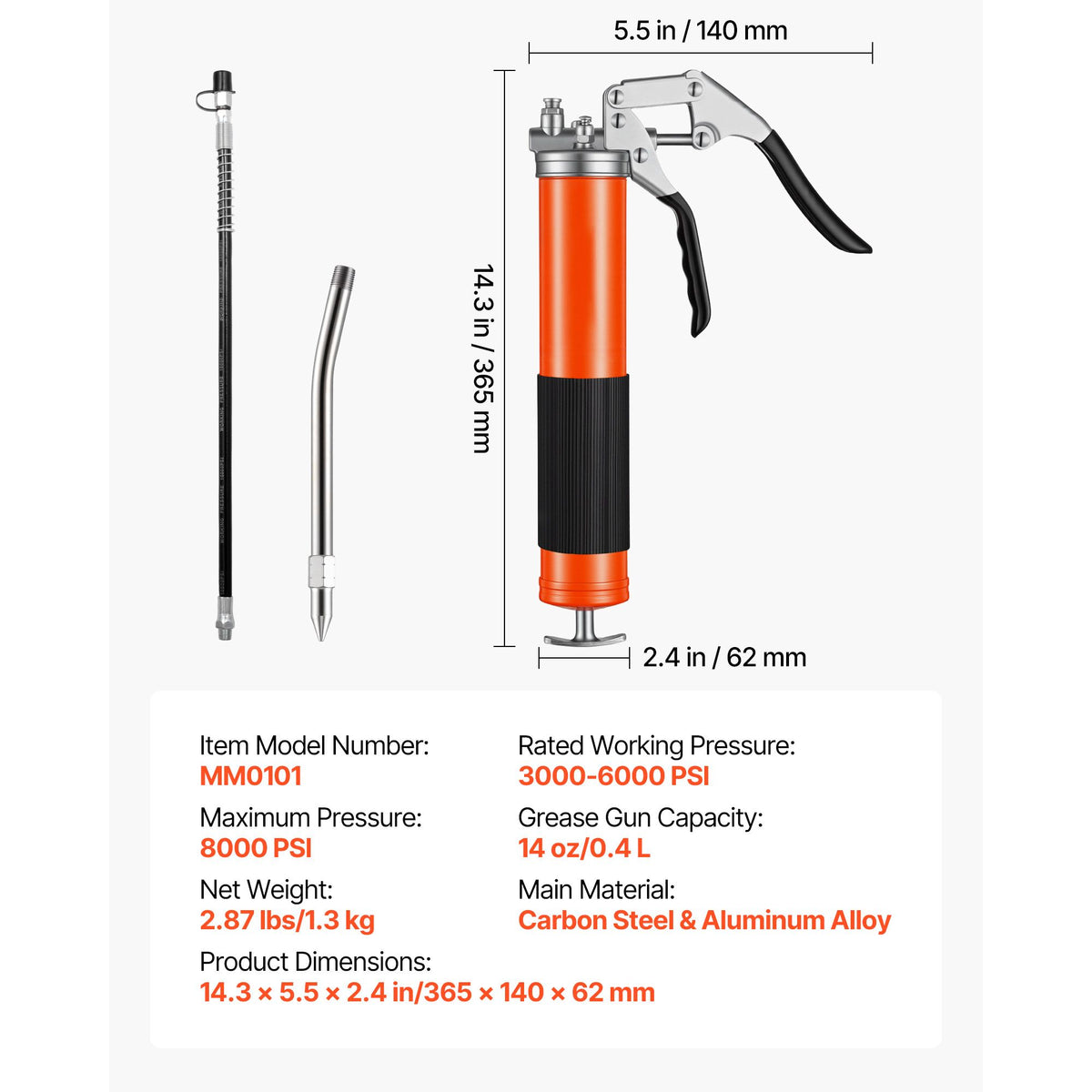 Grease Gun, 8000 PSI High Pressure, Heavy Duty Pistol Grip Grease Gun Kit with 0.4 L Capacity, Includes 46 cm Flex Hose, 1 Extension Rigid Pipe and 1 Sharp Type Nozzle for Automotive, Marine