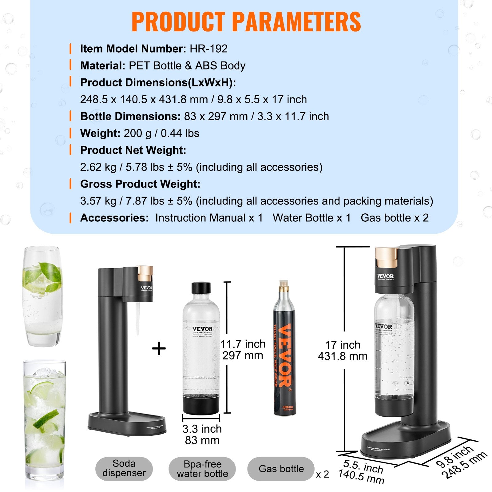 Gardening Tools: VEVOR Sparkling Water Maker, Soda Maker Machine for Home Carbonating, Seltzer Water Starter Kit with BPA-free 1L PET Bottle, 2 CO2 Cylinders, Compatible with Mainstream Screw-in 60L CO2 Cylinder