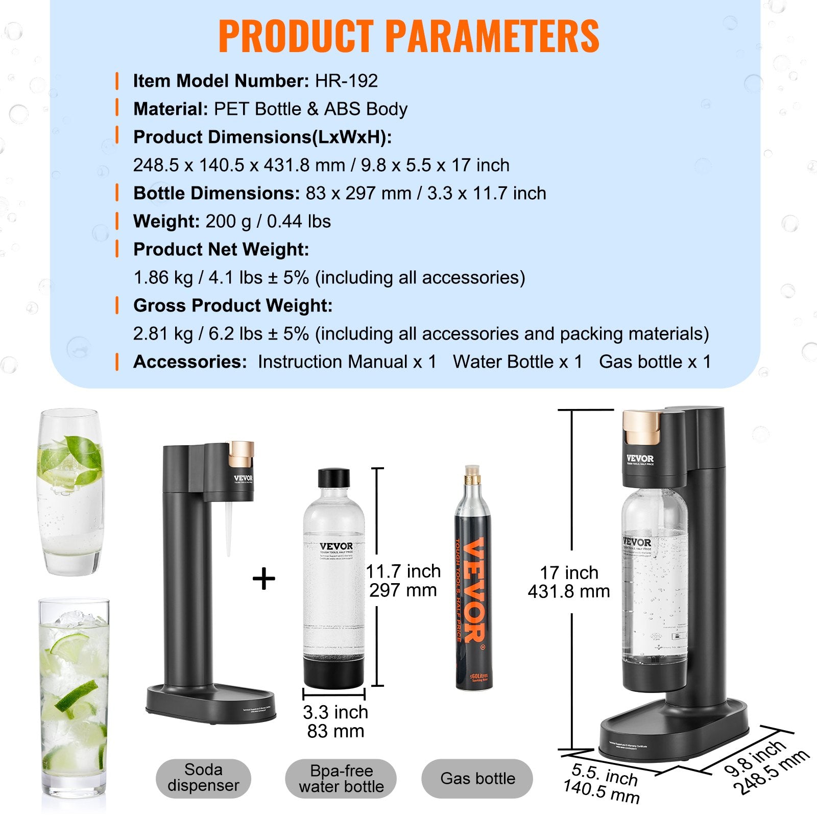 Gardening Tools: VEVOR Sparkling Water Maker, Soda Maker Machine for Home Carbonating, Seltzer Water Starter Kit with BPA-free 1L PET Bottle, CO2 Cylinder, Compatible with Mainstream Screw-in 60L CO2 Cylinder