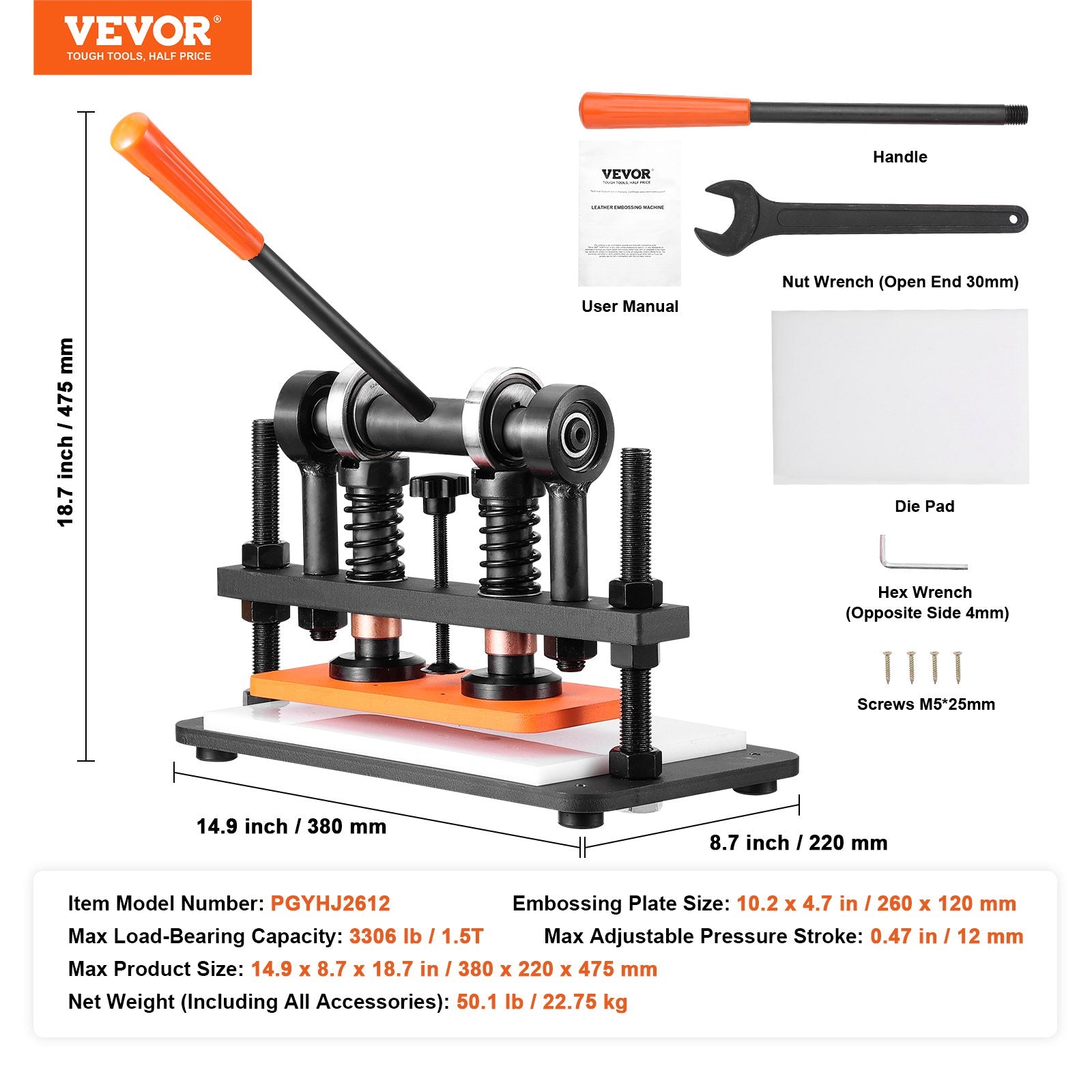 Cutters: VEVOR Leather Cutting Machine, 10.2 x 4.7 in Embossing Plate Manual Die Cutter, 0.47 in Pressure Stroke Leather Embossing Machine, Dual Guide Shafts Die Cut Machine for Various of Materials