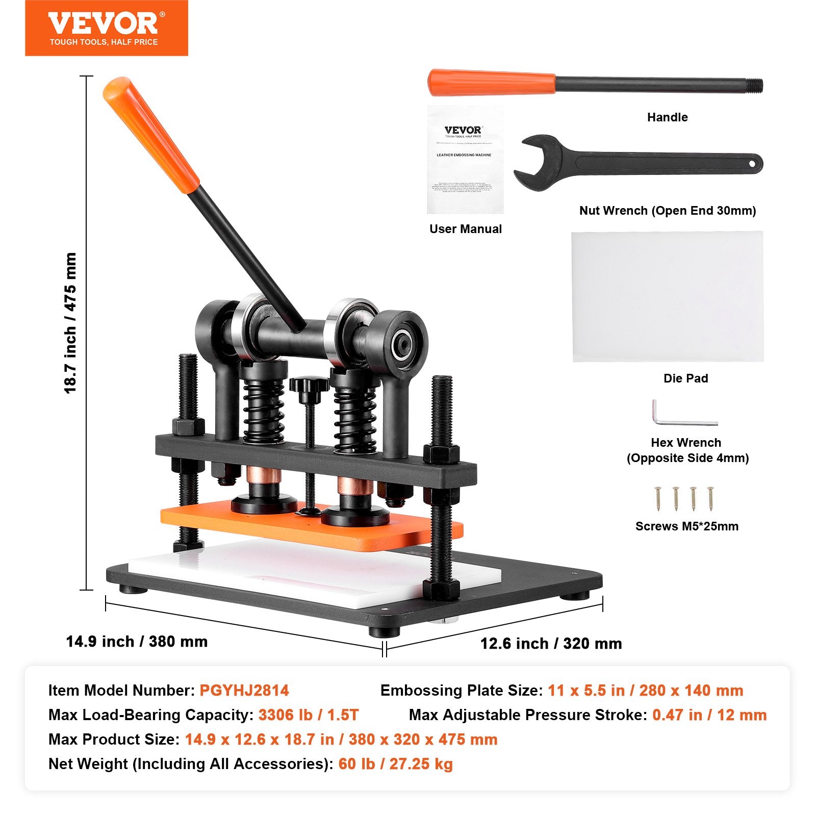 Cutters: VEVOR Leather Cutting Machine, 11 x 5.5 in Embossing Plate Manual Die Cutter, 0.47 in Pressure Stroke Leather Embossing Machine, Dual Guide Shafts Die Cut Machine for Various of Materials