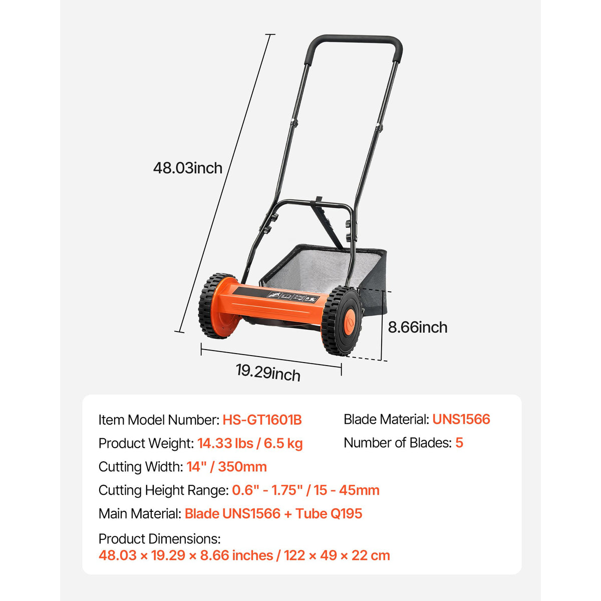 Push Reel Lawn Mower 35 cm, 5 Blades Manual Push Mower No Motor, 15-45 mm Adjustable Cutting Height, Walk-Behind Lawn Mowers with Grass Catcher Bag for Green Lawns, Driveways, Courtyards
