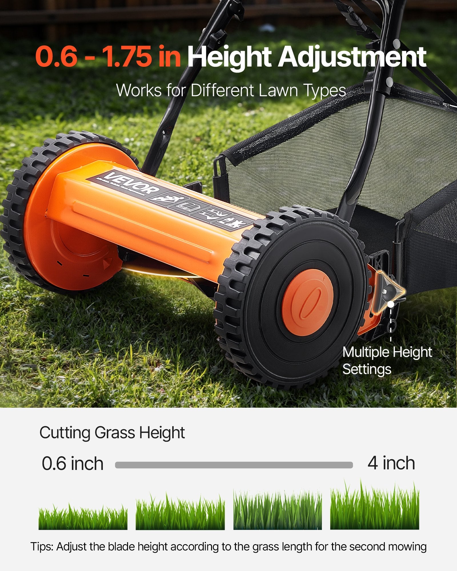 Gardening Tools: VEVOR 40cm Push Reel Lawn Mower 5-Blade Adjustable Height Grass Catcher 2-Wheel