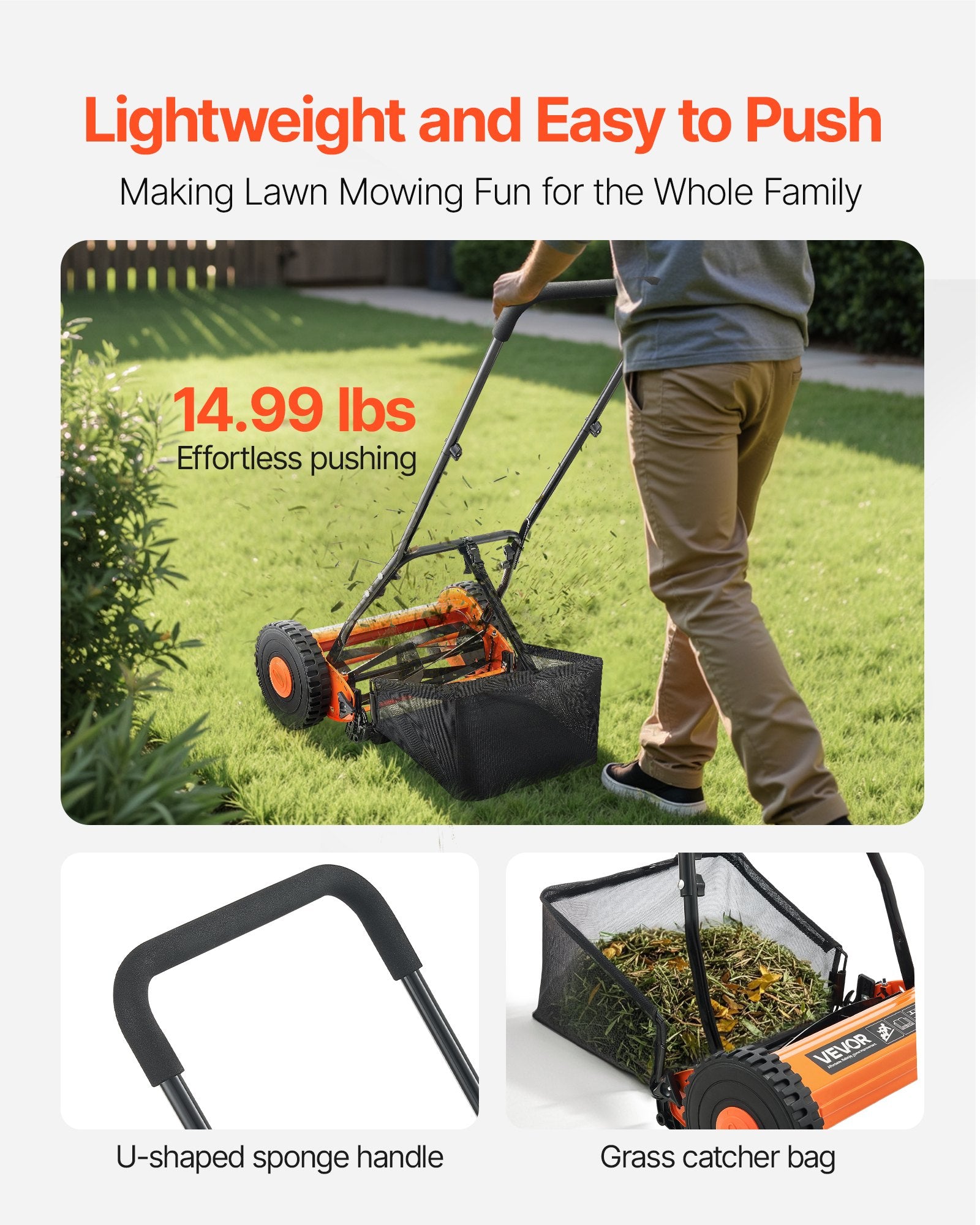 Gardening Tools: VEVOR 40cm Push Reel Lawn Mower 5-Blade Adjustable Height Grass Catcher 2-Wheel