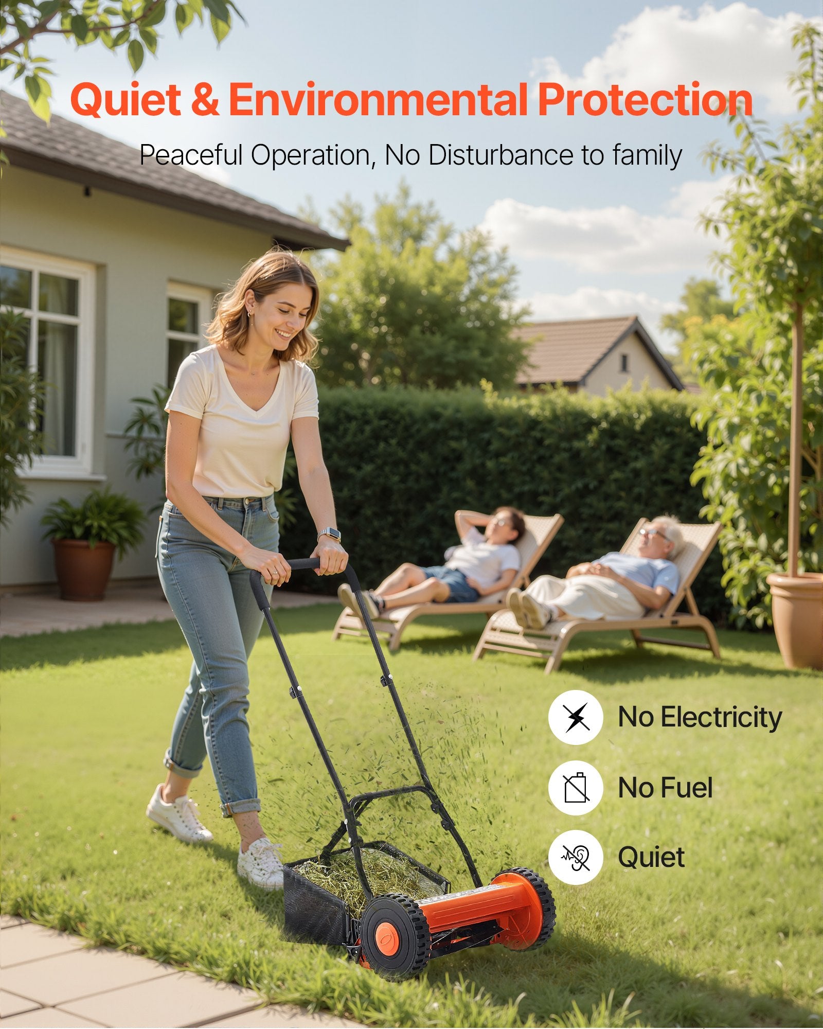 Gardening Tools: VEVOR 40cm Push Reel Lawn Mower 5-Blade Adjustable Height Grass Catcher 2-Wheel