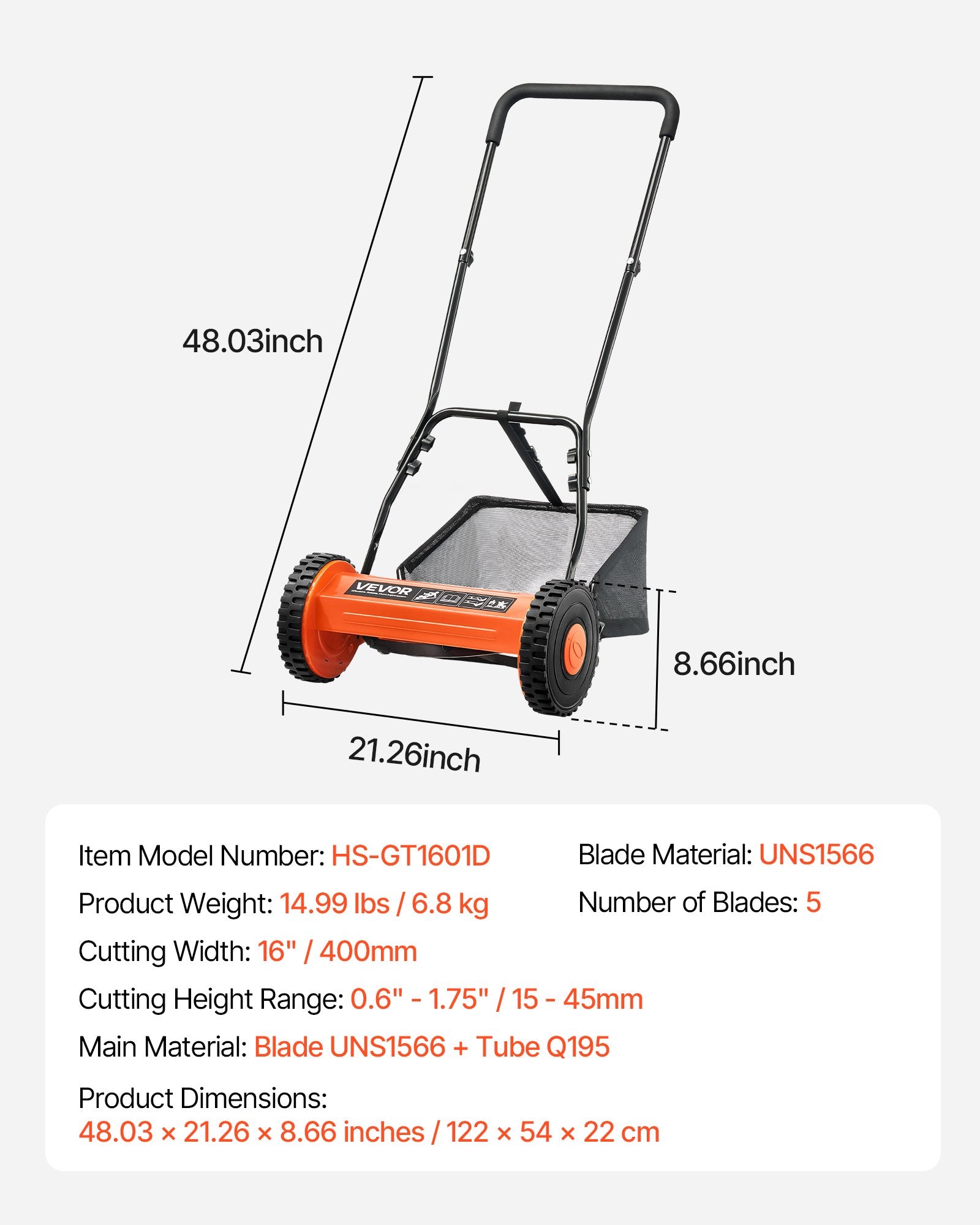 Gardening Tools: VEVOR 40cm Push Reel Lawn Mower 5-Blade Adjustable Height Grass Catcher 2-Wheel