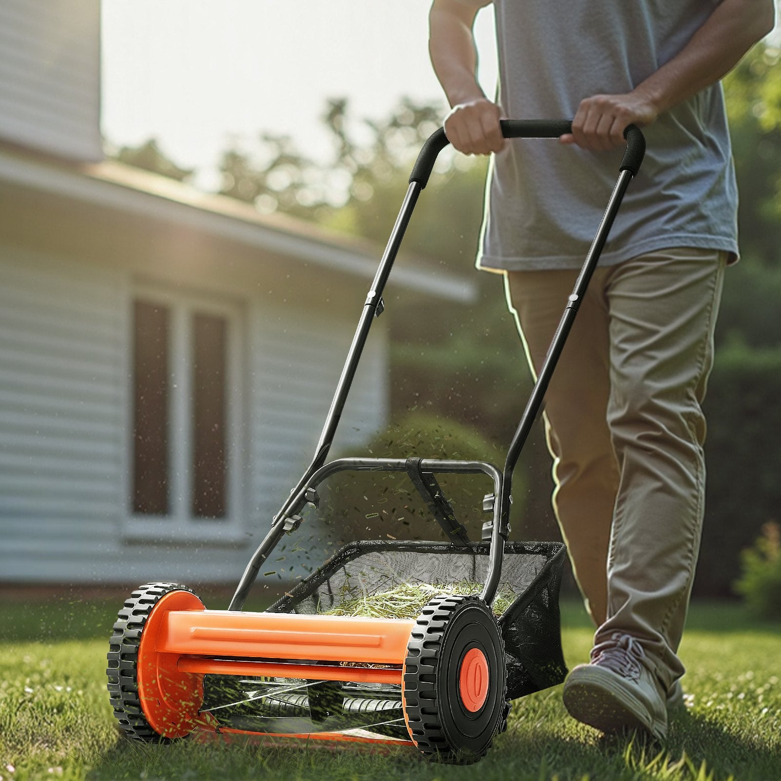 Gardening Tools: VEVOR 40cm Push Reel Lawn Mower 5-Blade Adjustable Height Grass Catcher 2-Wheel