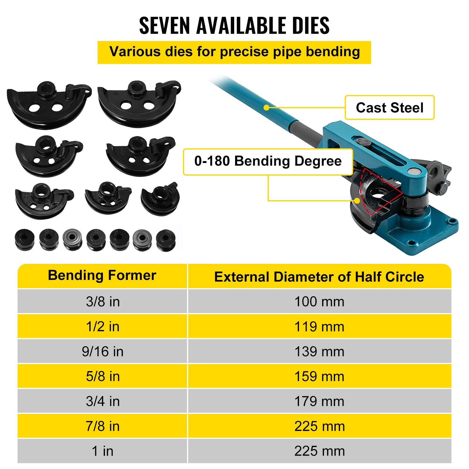 Rebar Cutters: VEVOR Pipe Tube Bender, 3/8" to 1" Manual Pipe Tube Bender, with 7 Dies, Heavy Duty Tube Bender Tubing of Steel Metal Copper, for Repair Shops, Blue