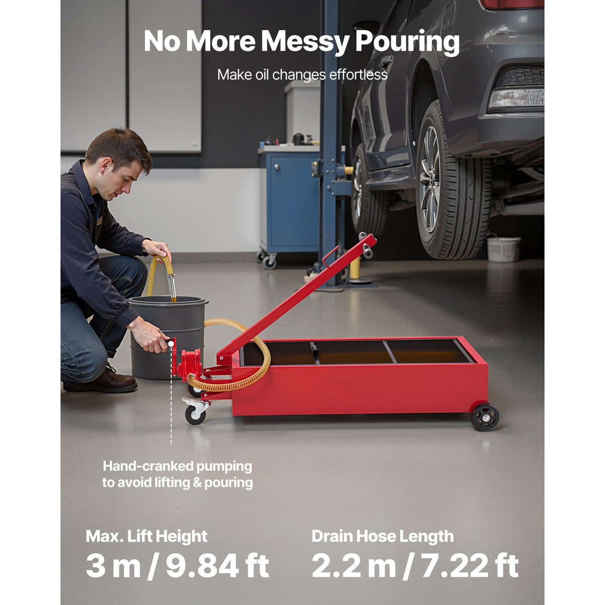Low Profile Oil Drain Pan, 75.7 L Capacity, Rolling Oil Drain Pan with Manual Pump, 2.2 m Hose & T Folding Handle, Leak-proof & Corrosion-resistant, Fit for Cars, SUVs, Trucks, ATVs, Red
