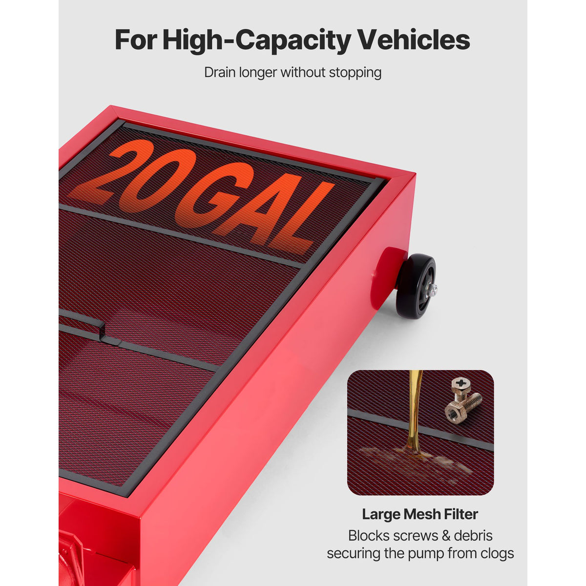Low Profile Oil Drain Pan, 75.7 L Capacity, Rolling Oil Drain Pan with Manual Pump, 2.2 m Hose & T Folding Handle, Leak-proof & Corrosion-resistant, Fit for Cars, SUVs, Trucks, ATVs, Red