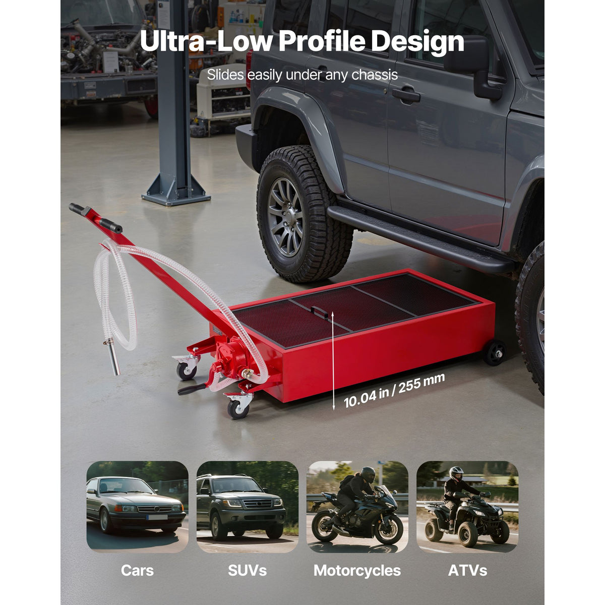 Low Profile Oil Drain Pan, 75.7 L Capacity, Rolling Oil Drain Pan with Manual Pump, 2.2 m Hose & T Folding Handle, Leak-proof & Corrosion-resistant, Fit for Cars, SUVs, Trucks, ATVs, Red