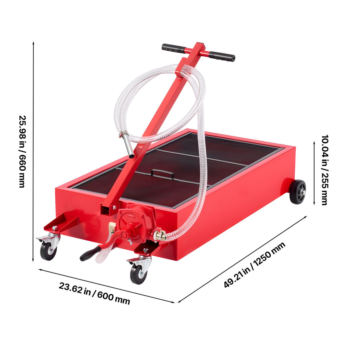 Low Profile Oil Drain Pan, 75.7 L Capacity, Rolling Oil Drain Pan with Manual Pump, 2.2 m Hose & T Folding Handle, Leak-proof & Corrosion-resistant, Fit for Cars, SUVs, Trucks, ATVs, Red