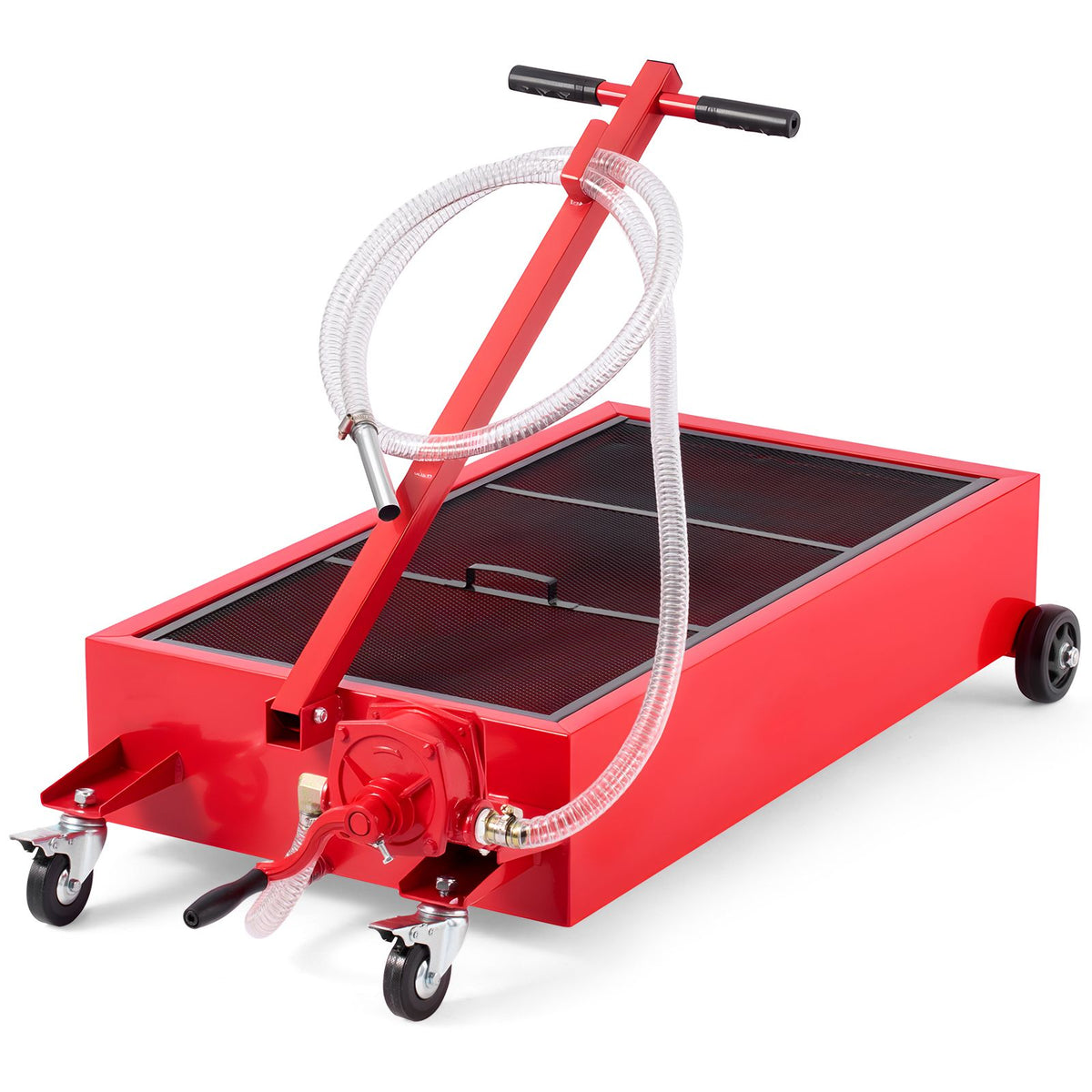 Low Profile Oil Drain Pan, 75.7 L Capacity, Rolling Oil Drain Pan with Manual Pump, 2.2 m Hose & T Folding Handle, Leak-proof & Corrosion-resistant, Fit for Cars, SUVs, Trucks, ATVs, Red