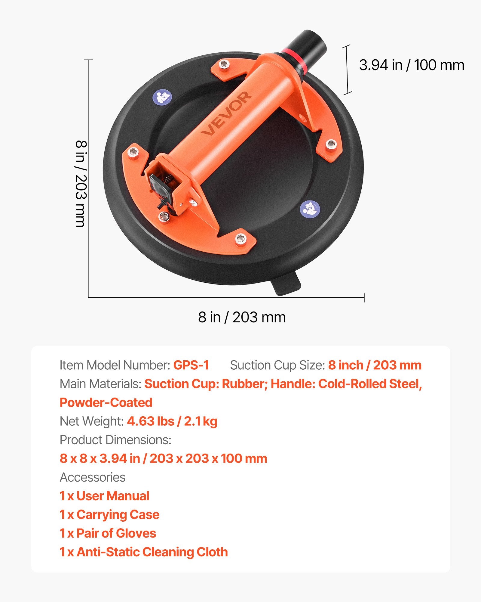 Tattoo Suppliers: VEVOR Vacuum Suction Cup, 203 mm Vacuum Glass Lifter with Metal Handle, 195 kg Max Lifting Capacity Tile Suction Cup Tool with Carrying Case for Lifting Large Tile, Granite, Drywall, Windows (2-Pack)