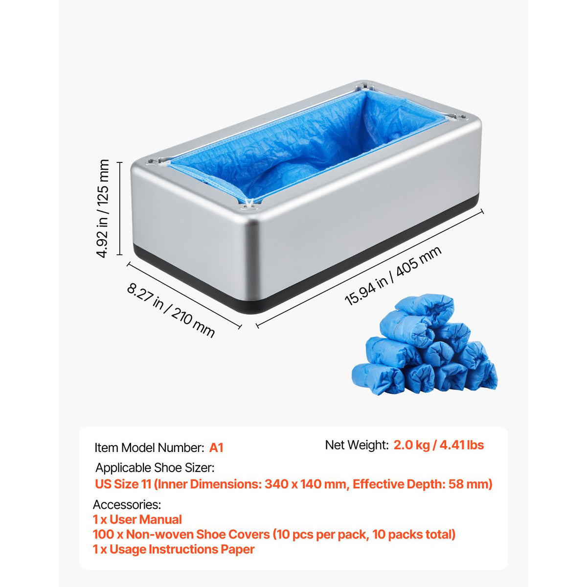Shoe Cover Dispenser, Automatic Shoe Covers Dispenser with 100 Pcs of Non-Slip Disposable Shoes Covers, Fits Size Up to US 11, for Home, Office, Lab, Factory, Hospital, Indoor Use, Silver