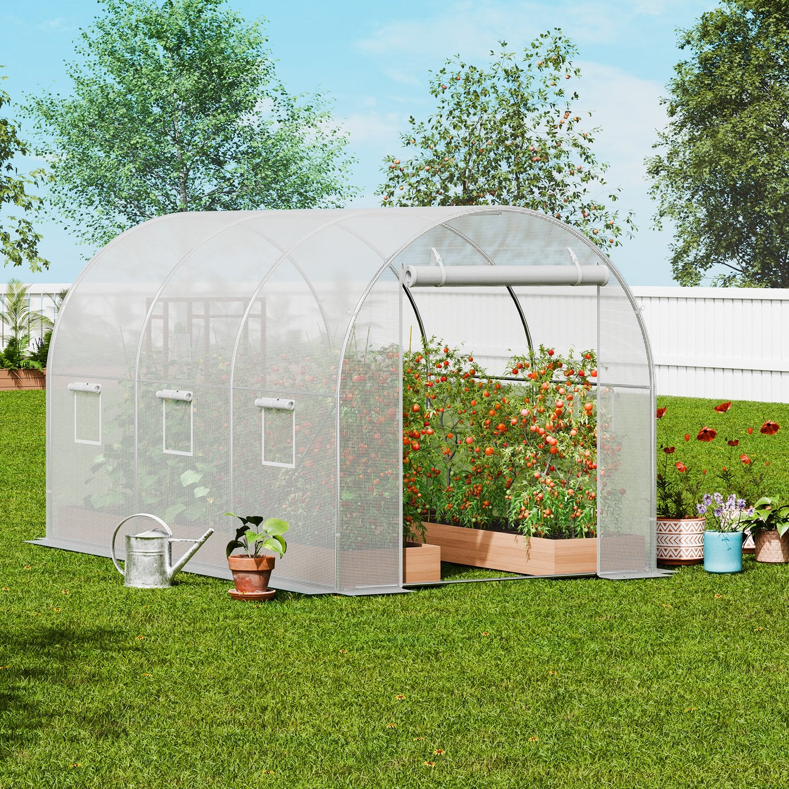 Canopies & Gazebos: VEVOR Walk-in Tunnel Greenhouse 9.58x6.43x6.23ft Galvanized Frame PE Cover White