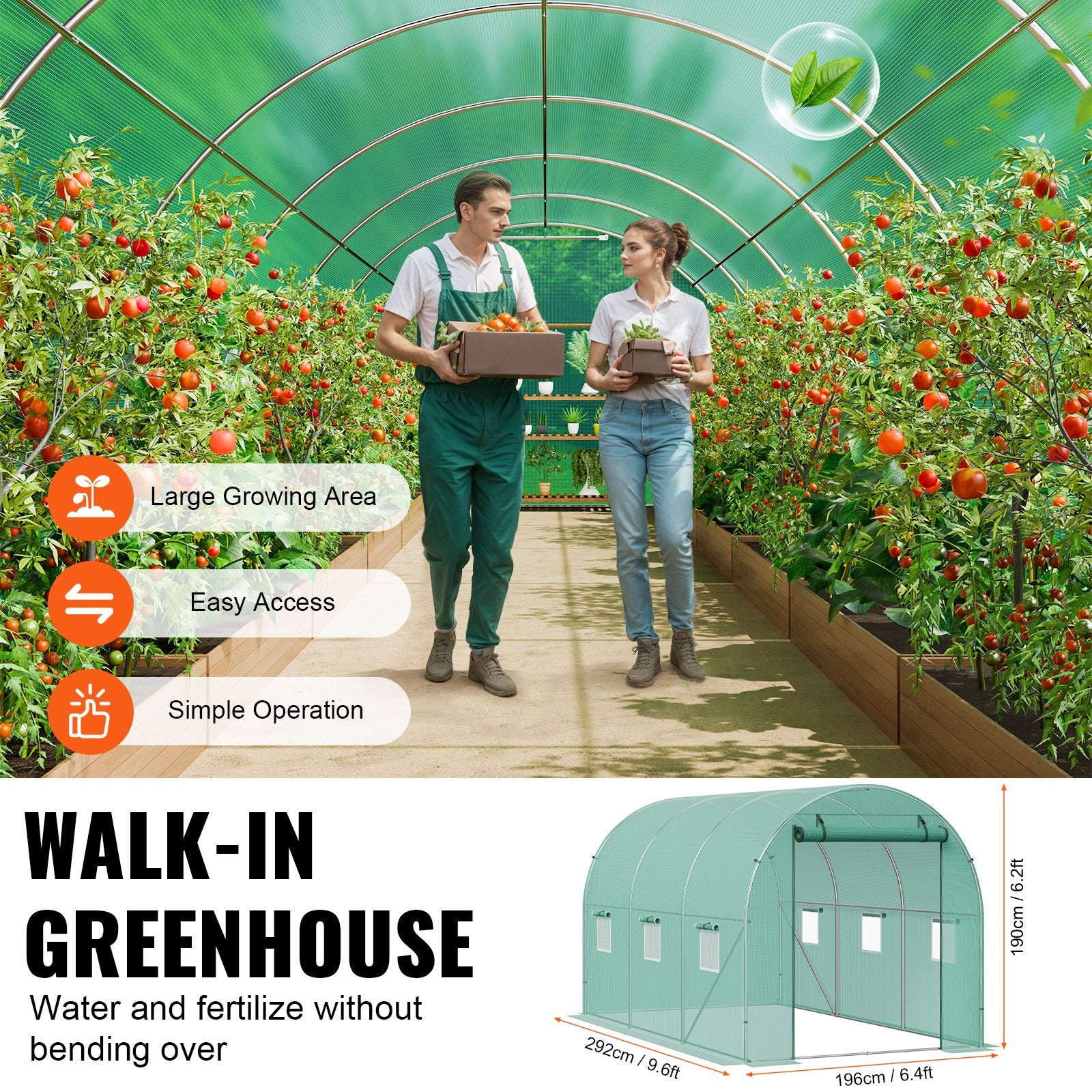 Canopies & Gazebos: VEVOR Walk-in Tunnel Greenhouse 9.58x6.43x6.23ft Galvanized Frame PE Cover Green