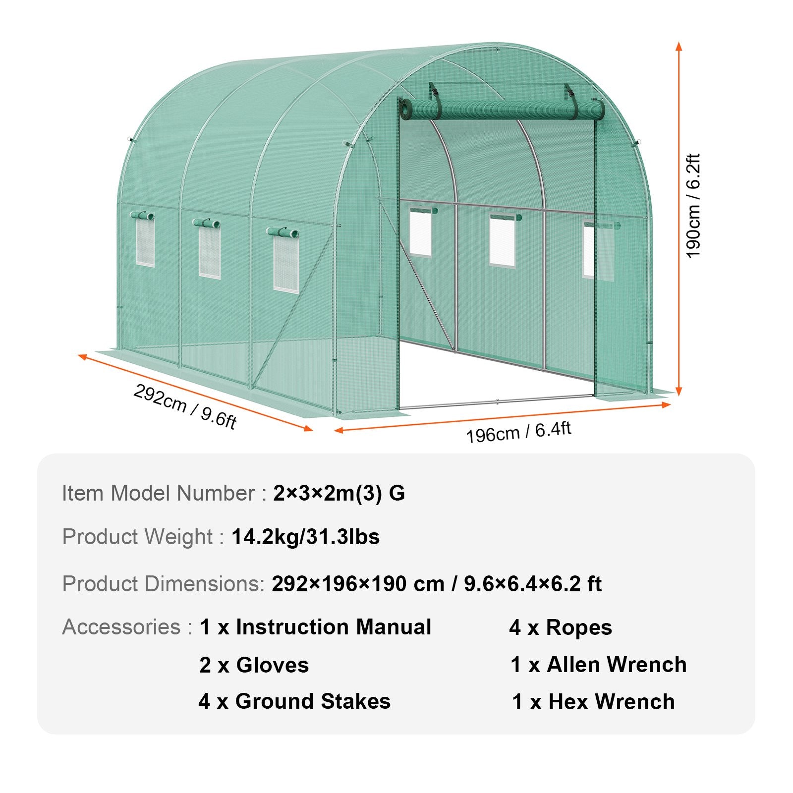 Canopies & Gazebos: VEVOR Walk-in Tunnel Greenhouse 9.58x6.43x6.23ft Galvanized Frame PE Cover Green