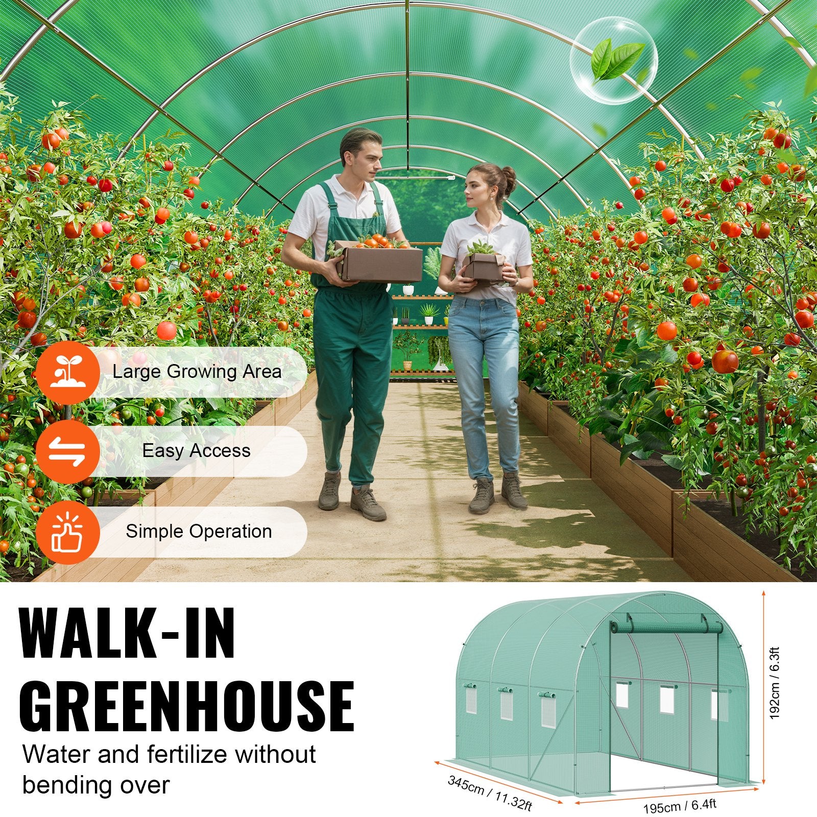 Canopies & Gazebos: VEVOR Walk-in Tunnel Greenhouse 11.32x6.4x6.3ft Galvanized Frame PE Cover Green