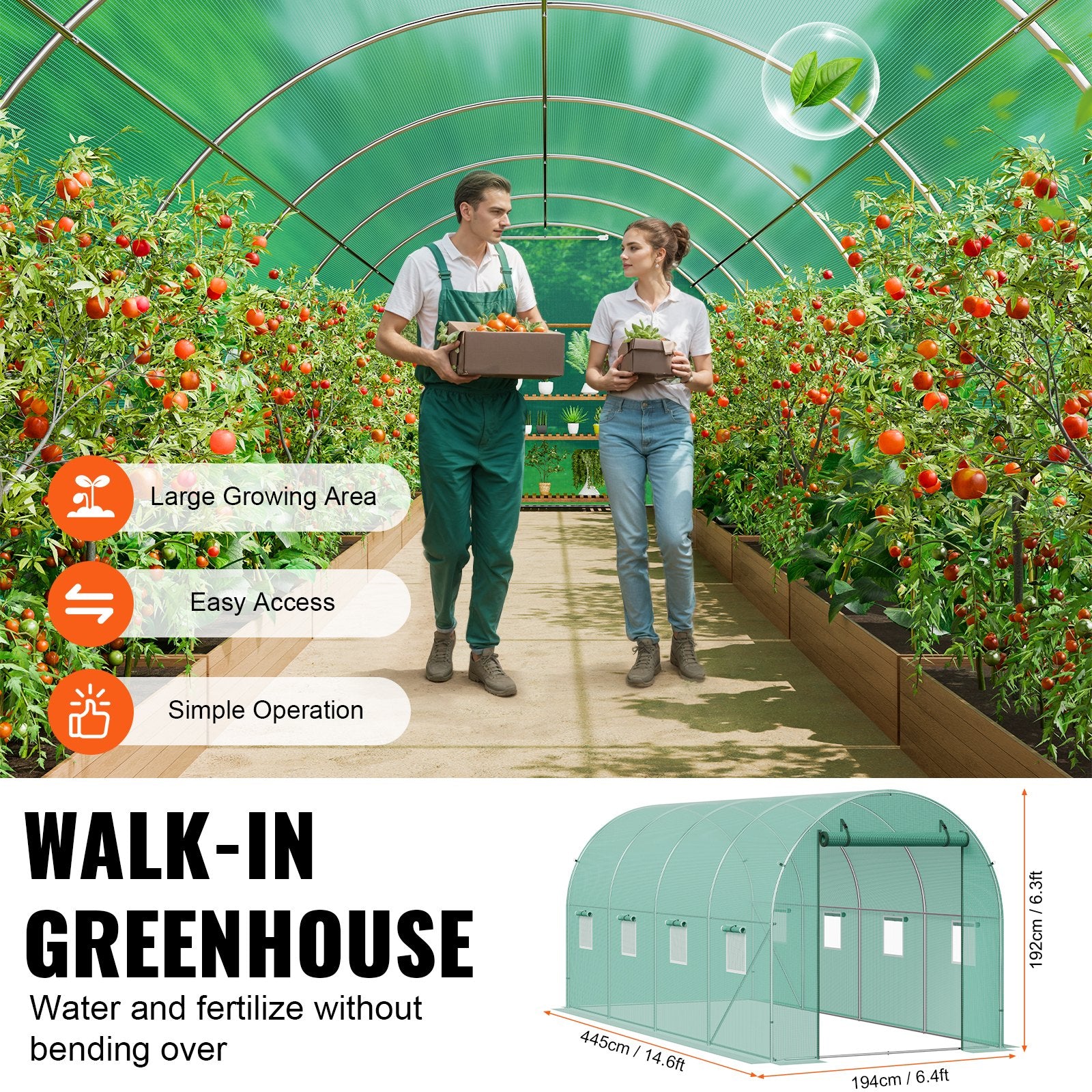 Canopies & Gazebos: VEVOR Walk-in Tunnel Greenhouse 14.6x6.36x6.3ft Galvanized Frame PE Cover Green