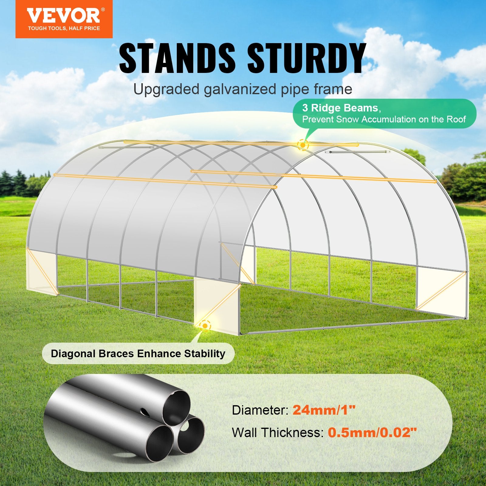 Canopies & Gazebos: VEVOR Walk-in Tunnel Greenhouse, 19.4x9.7x6.5 ft Hoop House Greenhouse Tunnel, Plant Hot House with Galvanized Steel Frame, White PE Cover, Roll-up Zipper Door and 12 Windows for Outdoor