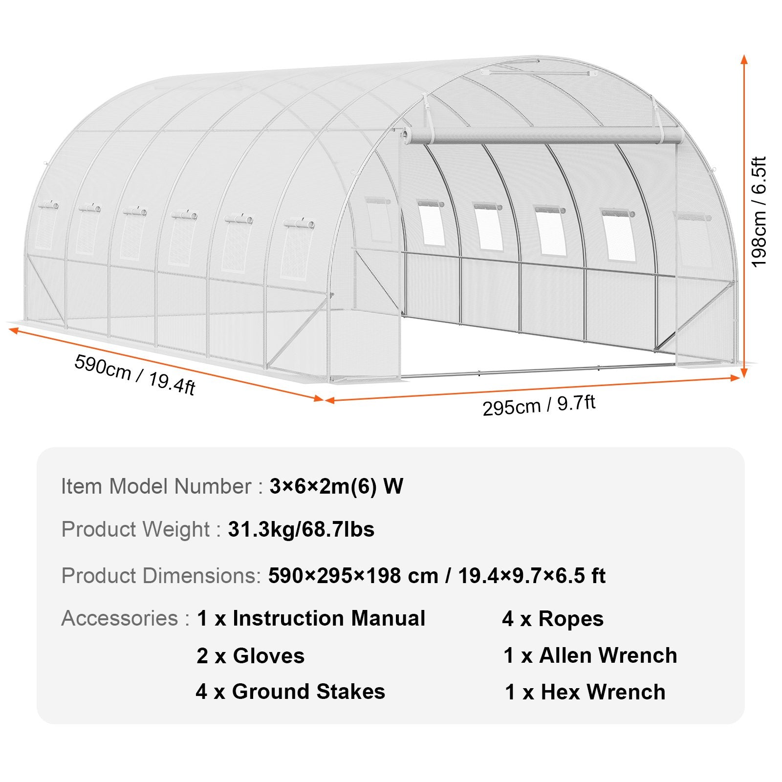 Canopies & Gazebos: VEVOR Walk-in Tunnel Greenhouse, 19.4x9.7x6.5 ft Hoop House Greenhouse Tunnel, Plant Hot House with Galvanized Steel Frame, White PE Cover, Roll-up Zipper Door and 12 Windows for Outdoor