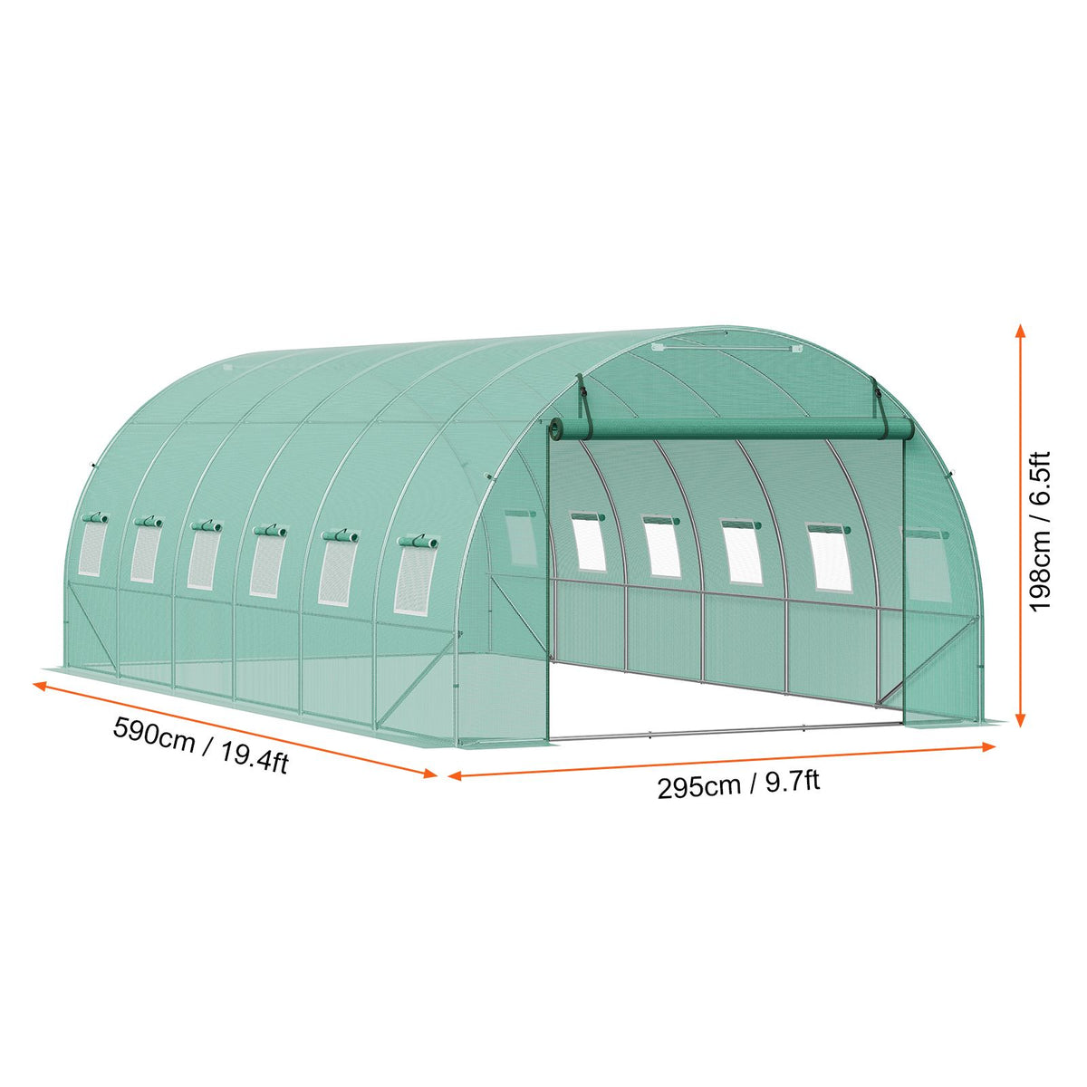Walk-in Tunnel Greenhouse, 19.4x9.7x6.5 ft Hoop House Greenhouse Tunnel, Plant Hot House with Galvanized Steel Frame, Green PE Cover, Roll-up Zipper Door and 12 Windows for Outdoor