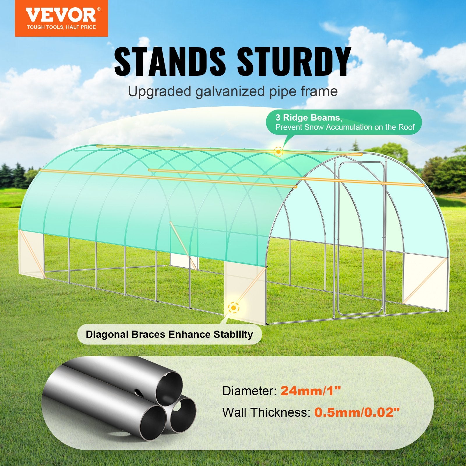 Canopies & Gazebos: VEVOR Walk-in Tunnel Greenhouse 27.38x9.5x7.38ft Galvanized Frame PE Cover Green