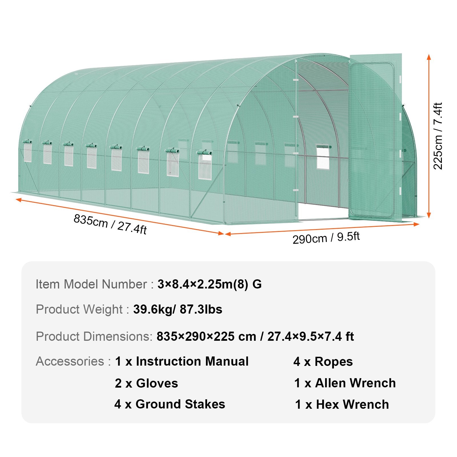 Canopies & Gazebos: VEVOR Walk-in Tunnel Greenhouse 27.38x9.5x7.38ft Galvanized Frame PE Cover Green