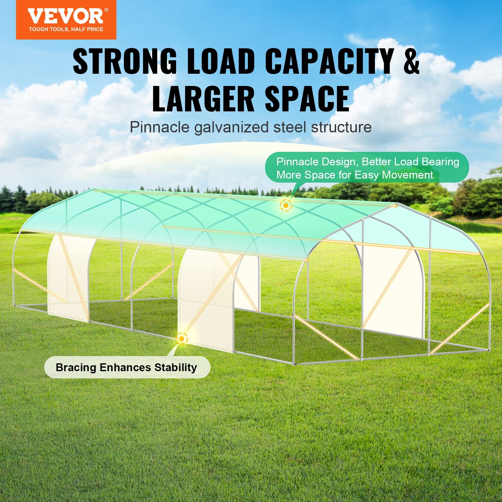 Greenhouses & Accessories: VEVOR Walk-in Tunnel Greenhouse, 29.5x9.8x6.6 ft Hoop House Greenhouse Tunnel, Peaked Roof Plant Hot House with Galvanized Steel Frame, Green PE Cover, Roll-up Zipper Door and 12 Windows for Outdoor