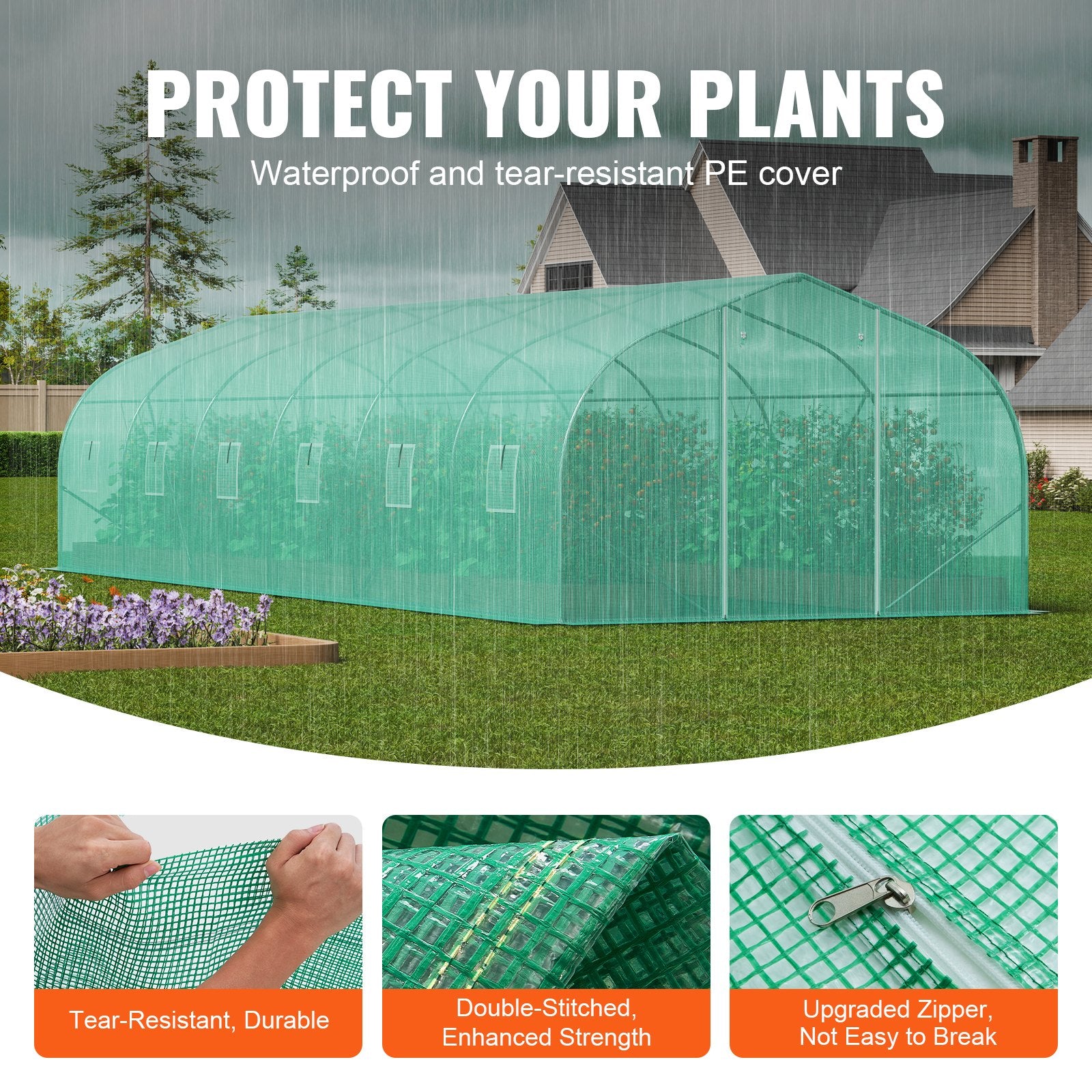 Greenhouses & Accessories: VEVOR Walk-in Tunnel Greenhouse, 29.5x9.8x6.6 ft Hoop House Greenhouse Tunnel, Peaked Roof Plant Hot House with Galvanized Steel Frame, Green PE Cover, Roll-up Zipper Door and 12 Windows for Outdoor
