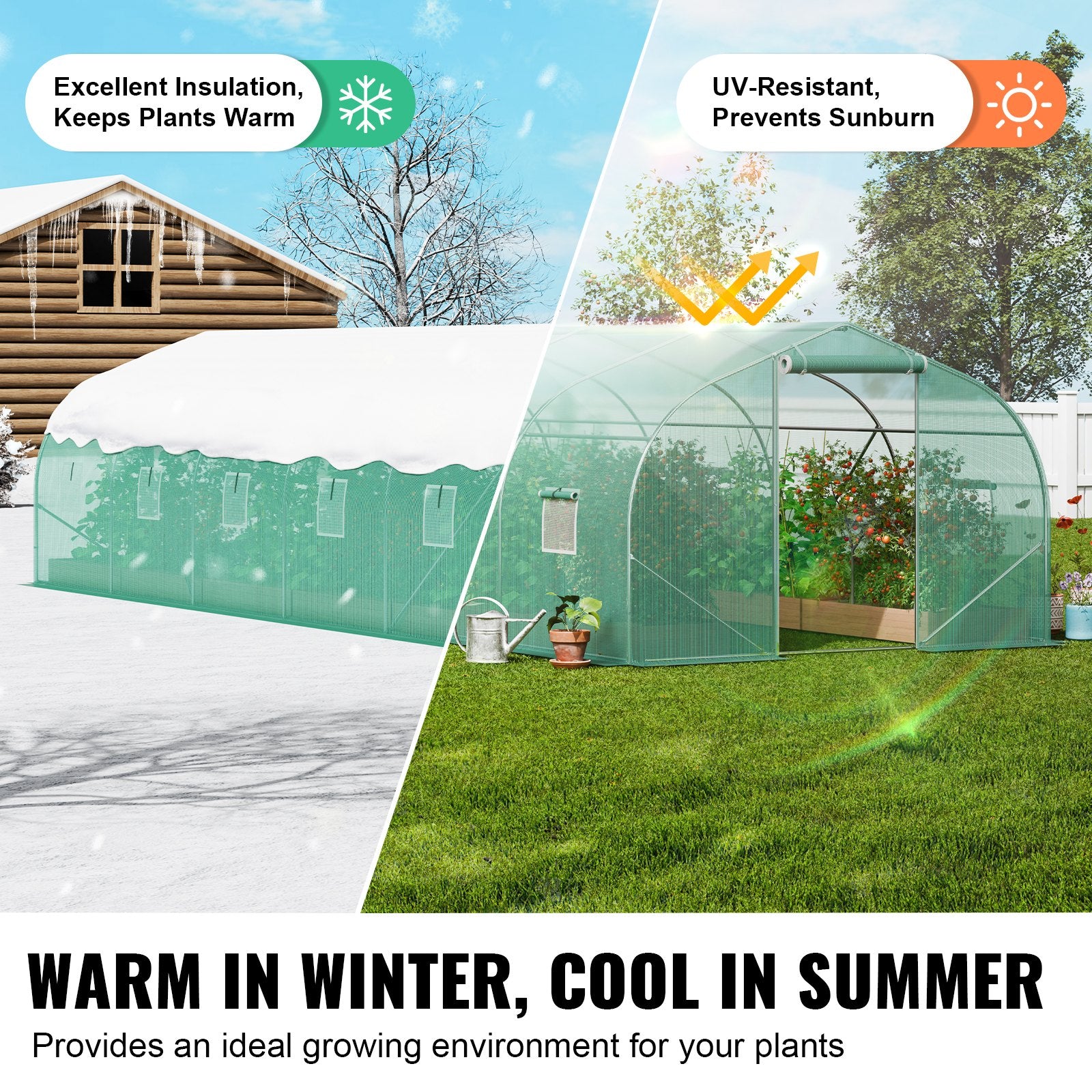 Greenhouses & Accessories: VEVOR Walk-in Tunnel Greenhouse, 29.5x9.8x6.6 ft Hoop House Greenhouse Tunnel, Peaked Roof Plant Hot House with Galvanized Steel Frame, Green PE Cover, Roll-up Zipper Door and 12 Windows for Outdoor