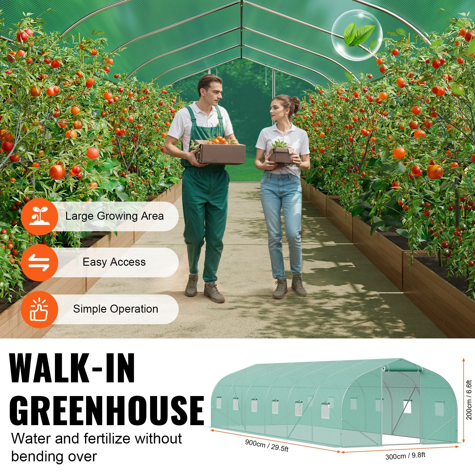 Greenhouses & Accessories: VEVOR Walk-in Tunnel Greenhouse, 29.5x9.8x6.6 ft Hoop House Greenhouse Tunnel, Peaked Roof Plant Hot House with Galvanized Steel Frame, Green PE Cover, Roll-up Zipper Door and 12 Windows for Outdoor