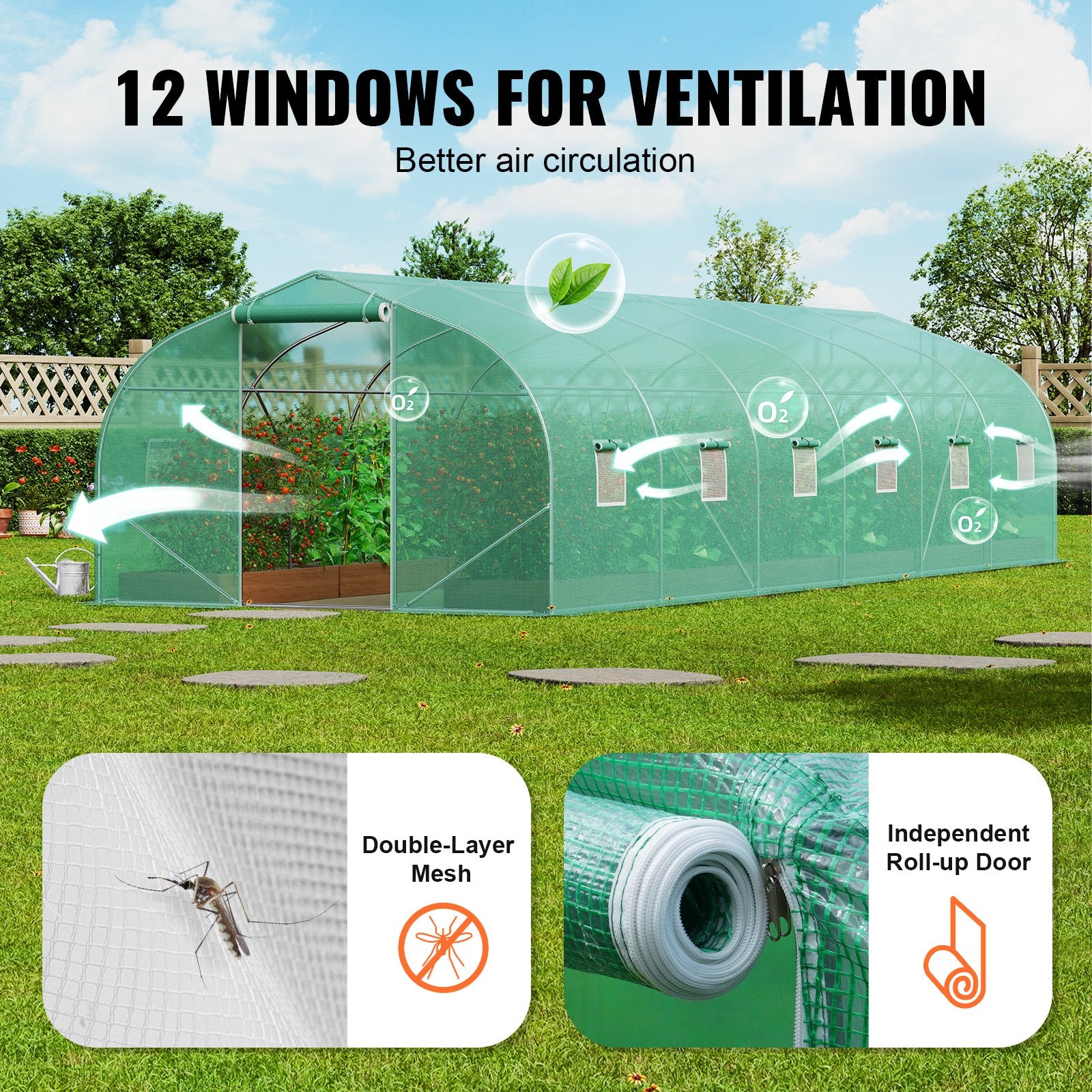 Greenhouses & Accessories: VEVOR Walk-in Tunnel Greenhouse, 29.5x9.8x6.6 ft Hoop House Greenhouse Tunnel, Peaked Roof Plant Hot House with Galvanized Steel Frame, Green PE Cover, Roll-up Zipper Door and 12 Windows for Outdoor