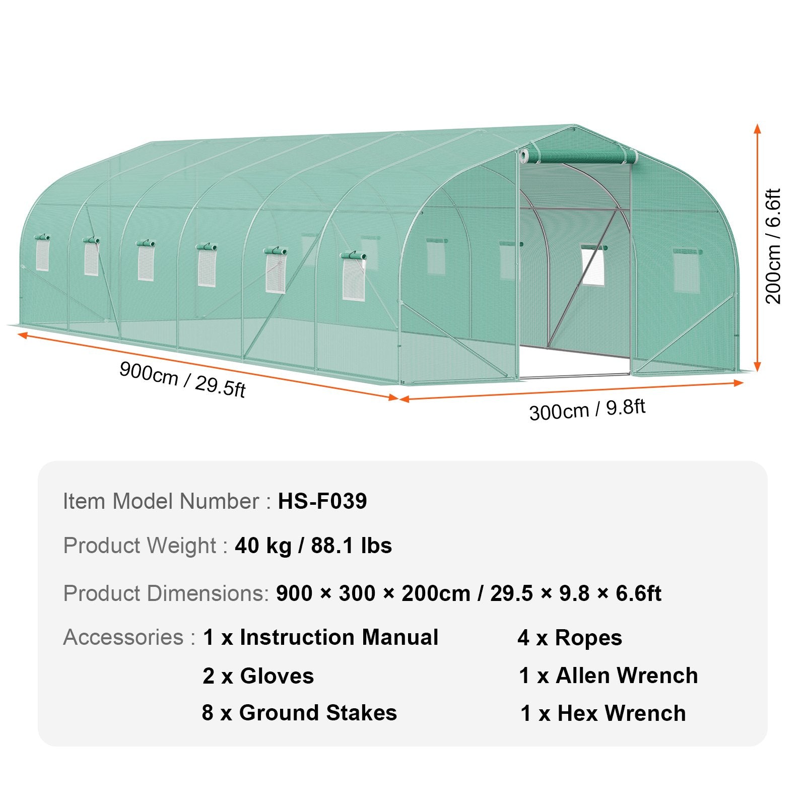 Greenhouses & Accessories: VEVOR Walk-in Tunnel Greenhouse, 29.5x9.8x6.6 ft Hoop House Greenhouse Tunnel, Peaked Roof Plant Hot House with Galvanized Steel Frame, Green PE Cover, Roll-up Zipper Door and 12 Windows for Outdoor