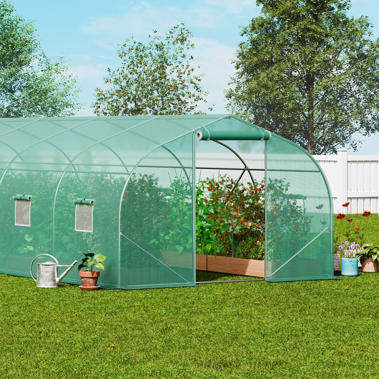 Greenhouses & Accessories: VEVOR Walk-in Tunnel Greenhouse, 29.5x9.8x6.6 ft Hoop House Greenhouse Tunnel, Peaked Roof Plant Hot House with Galvanized Steel Frame, Green PE Cover, Roll-up Zipper Door and 12 Windows for Outdoor