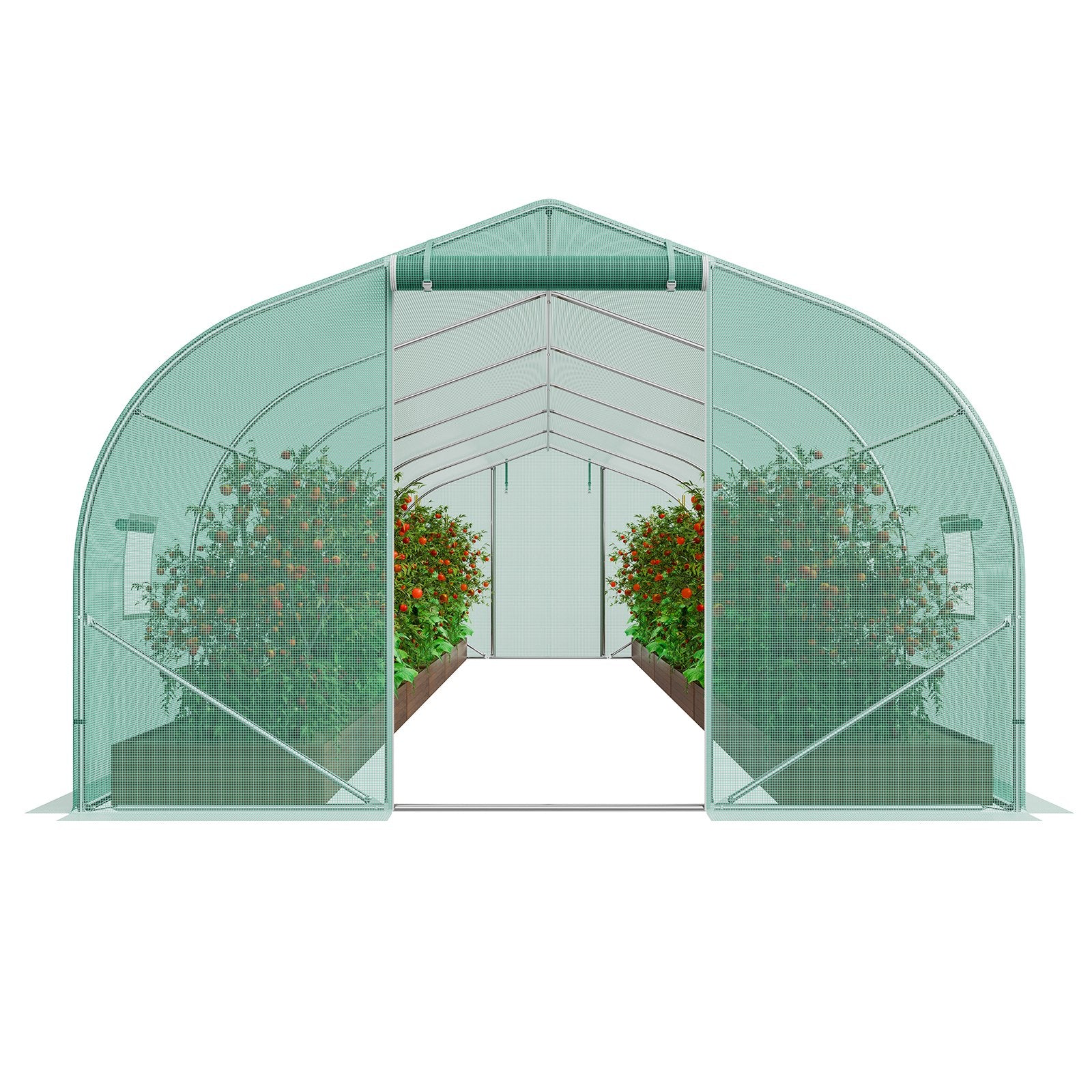 Greenhouses & Accessories: VEVOR Walk-in Tunnel Greenhouse, 29.5x9.8x6.6 ft Hoop House Greenhouse Tunnel, Peaked Roof Plant Hot House with Galvanized Steel Frame, Green PE Cover, Roll-up Zipper Door and 12 Windows for Outdoor