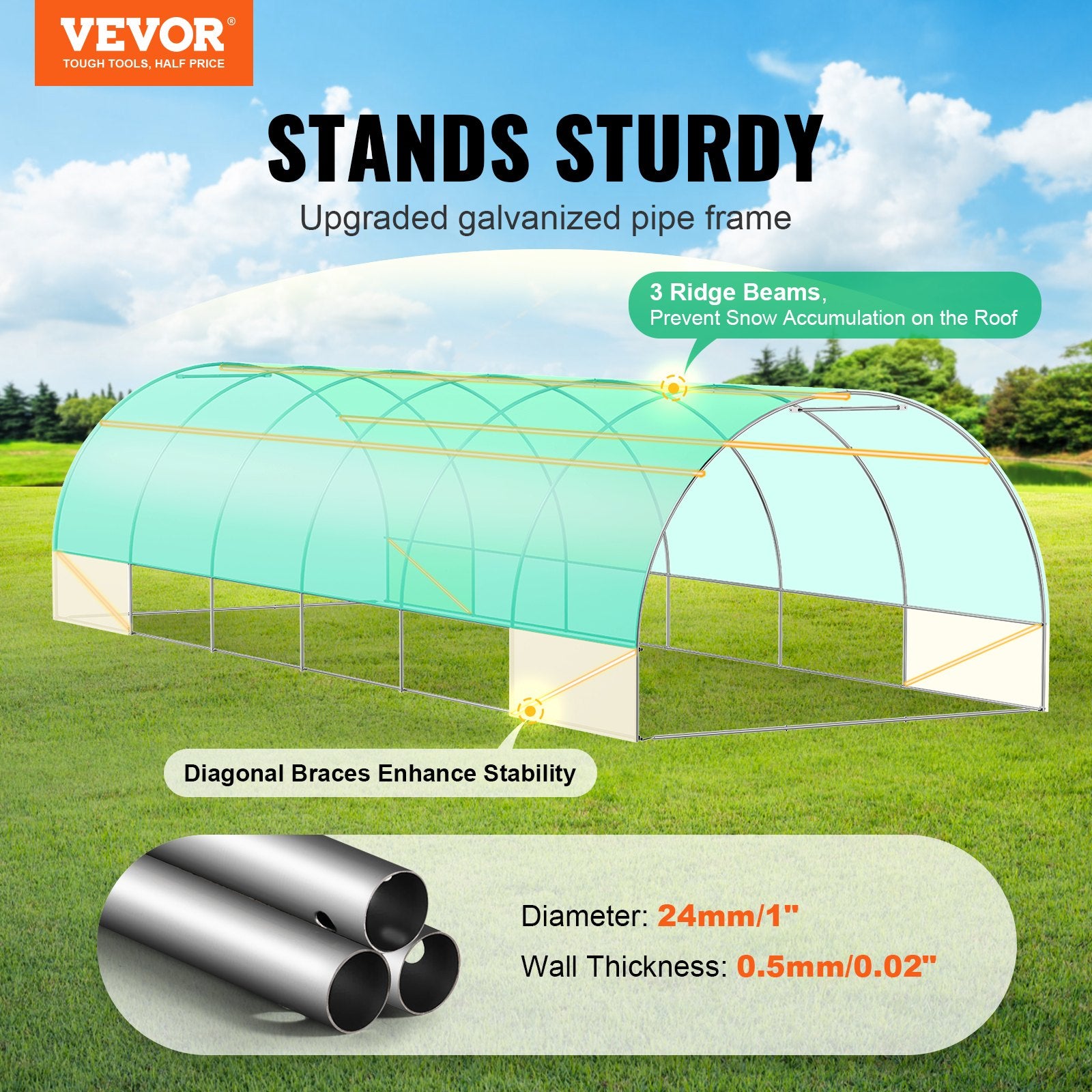 Canopies & Gazebos: VEVOR Walk-in Tunnel Greenhouse 29.2x9.7x6.5ft Galvanized Frame PE Cover Green