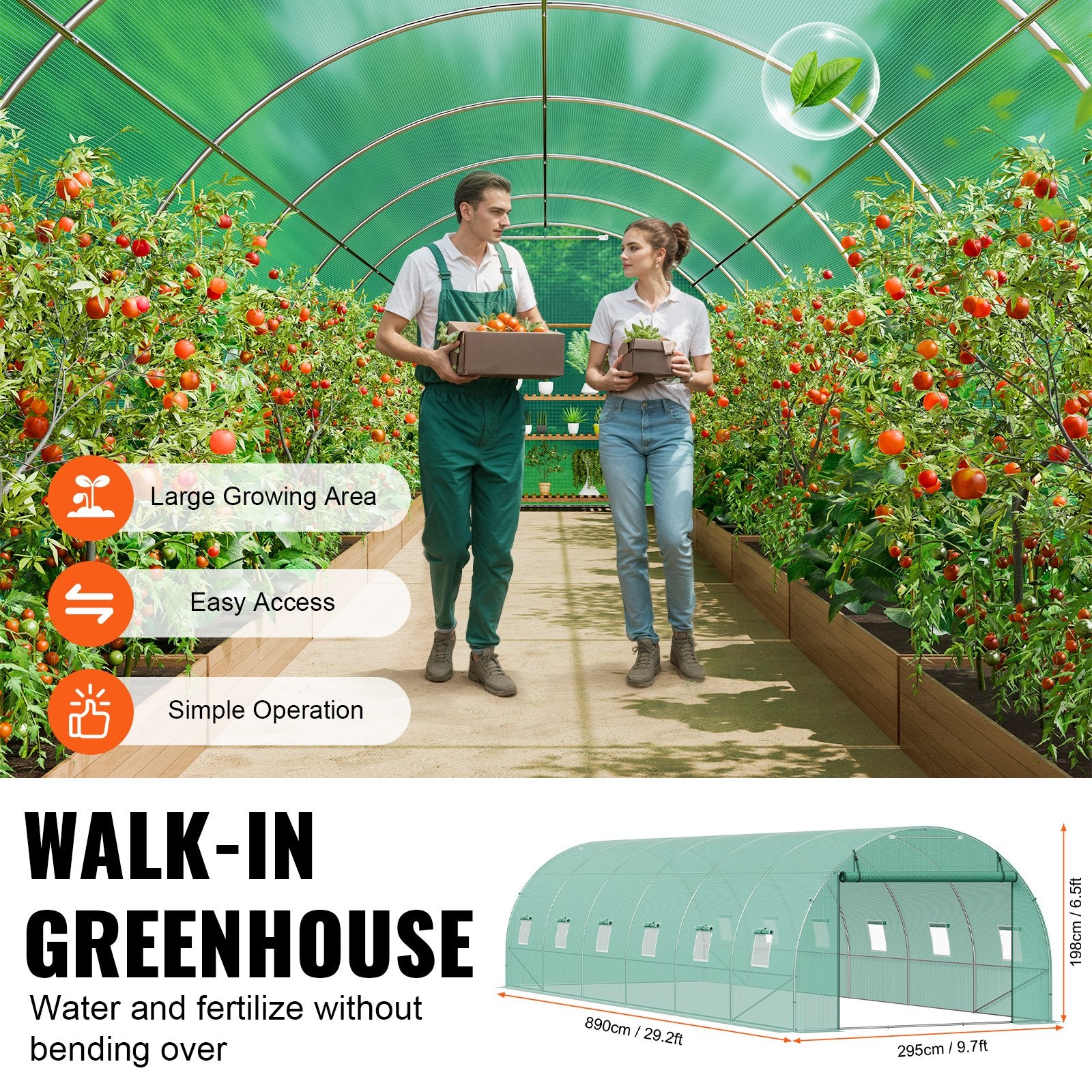 Canopies & Gazebos: VEVOR Walk-in Tunnel Greenhouse 29.2x9.7x6.5ft Galvanized Frame PE Cover Green