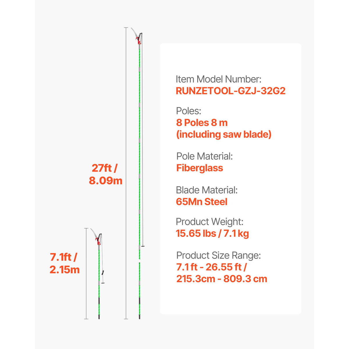Manual Pole Saw, 118-809.3 cm Extendable Pole Tree Pruner with Scissors, Sharp 65Mn Steel Blade, Lightweight Fiberglass Handle Pole, for High Branch Trimming, Pruning Tool for Palms and Shrubs