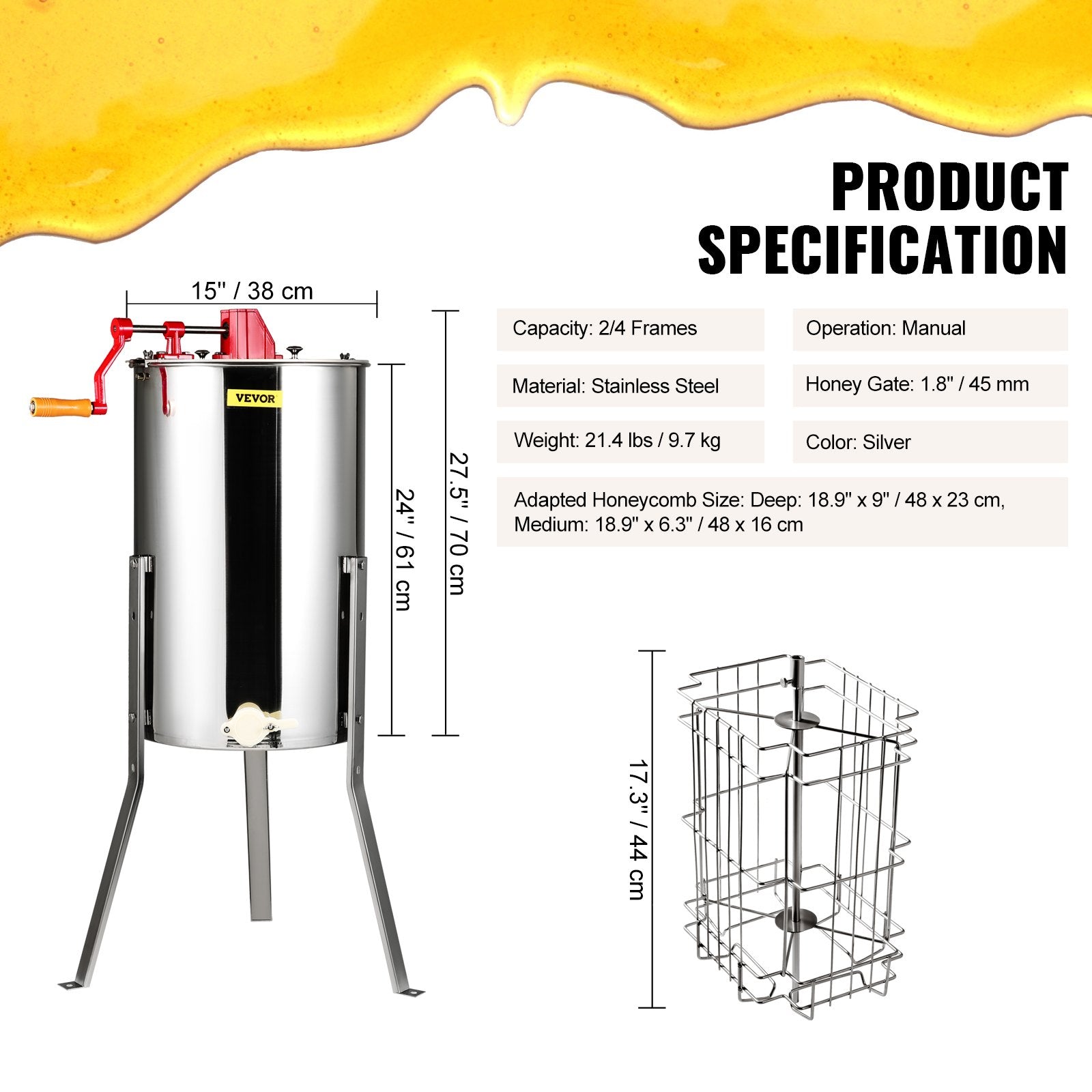 Basketball & Basketball Accessories: VEVOR Manual Honey Extractor, 2/4 Frames Honey Spinner Extractor, Stainless Steel Beekeeping Extraction, Honeycomb Drum Spinner with Lid, Apiary Centrifuge Equipment with Height Adjustable Stand