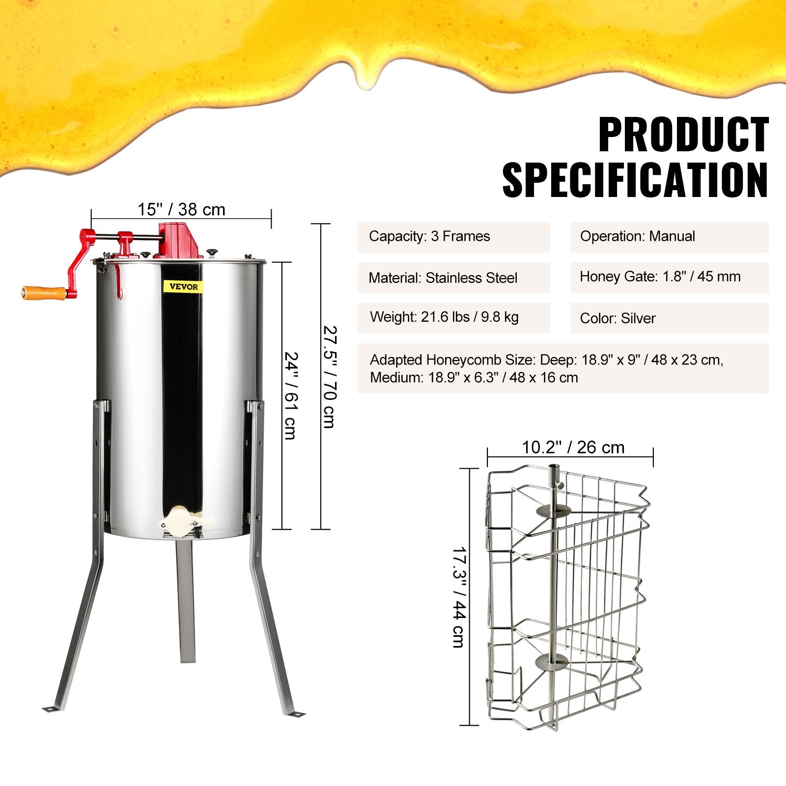 Basketball & Basketball Accessories: VEVOR Manual Honey Extractor, 3 Frames Honey Spinner Extractor, Stainless Steel Beekeeping Extraction, Honeycomb Drum Spinner with Lid, Apiary Centrifuge Equipment with Height Adjustable Stand