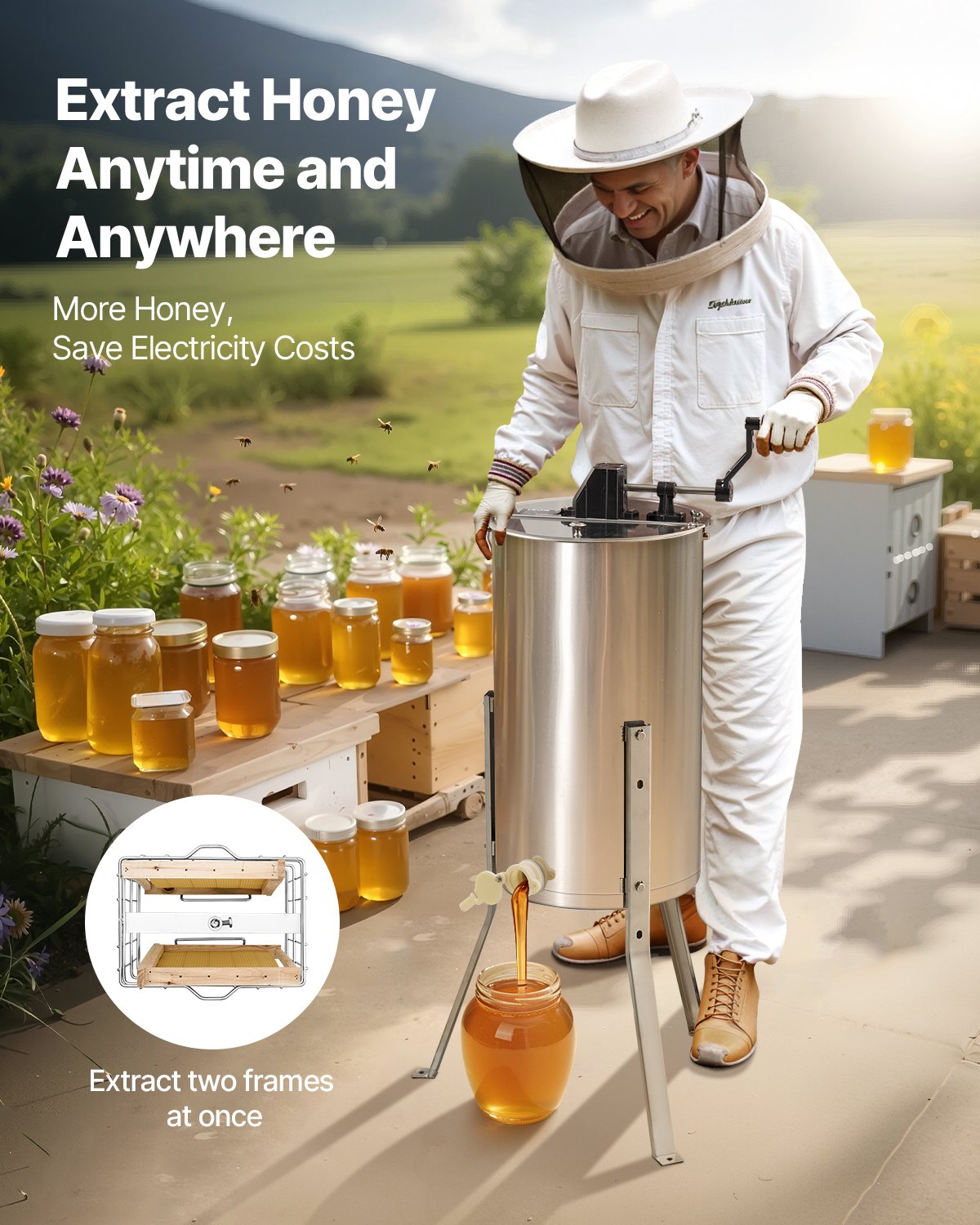 Beekeeping: VEVOR Honey Extractor, 2 Frame Manual Honey Spinner with Transparent Lid, Stainless Steel Honeycomb Drum Spinner with Height Adjustable Stand, Honeycomb Extraction Centrifuge Equipment for Beekeeping