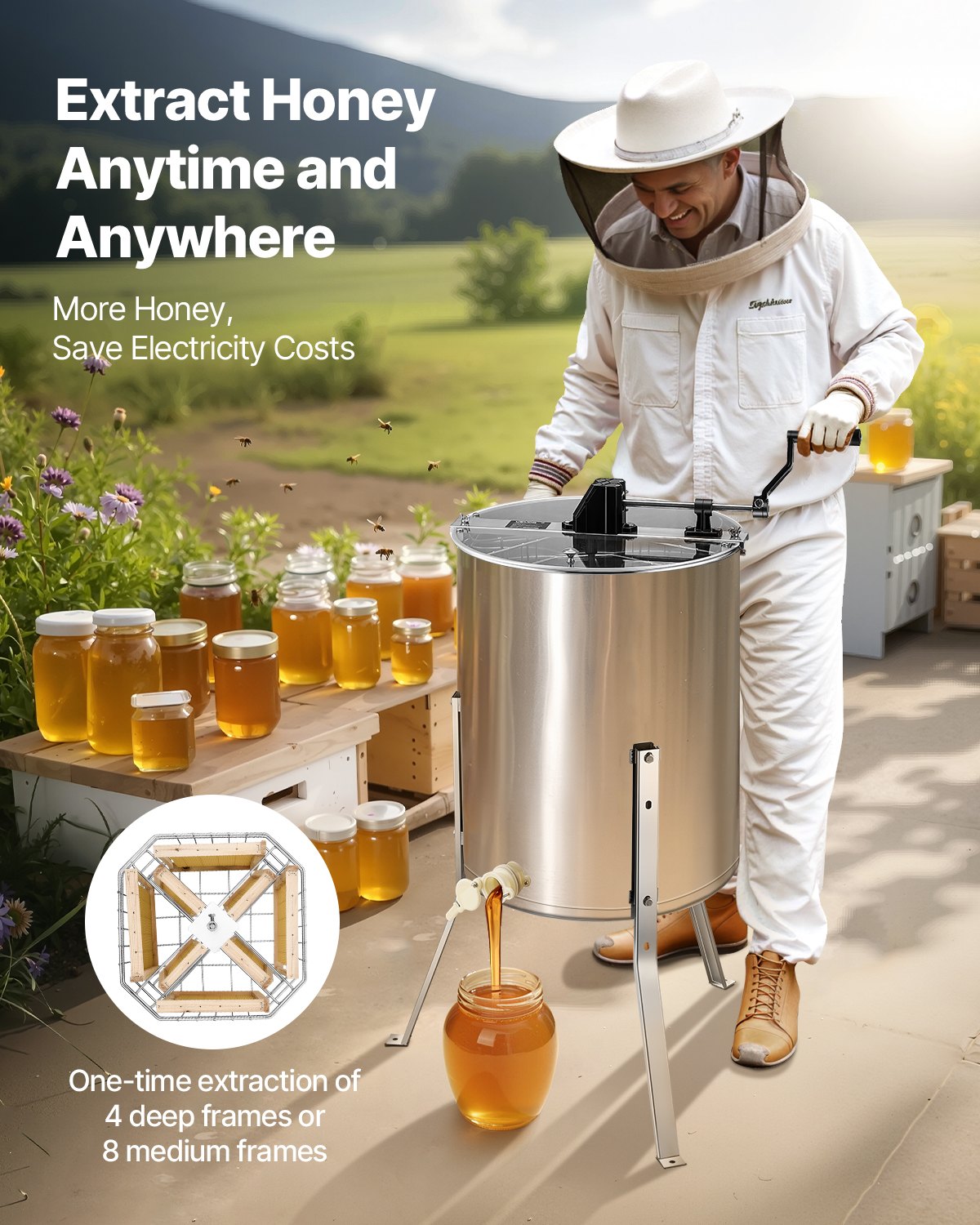 Beekeeping: VEVOR Honey Extractor, 4/8 Frame Manual Honey Spinner with Transparent Lid, Stainless Steel Honeycomb Drum Spinner with Height Adjustable Stand, Honeycomb Extraction Equipment for Beekeeping
