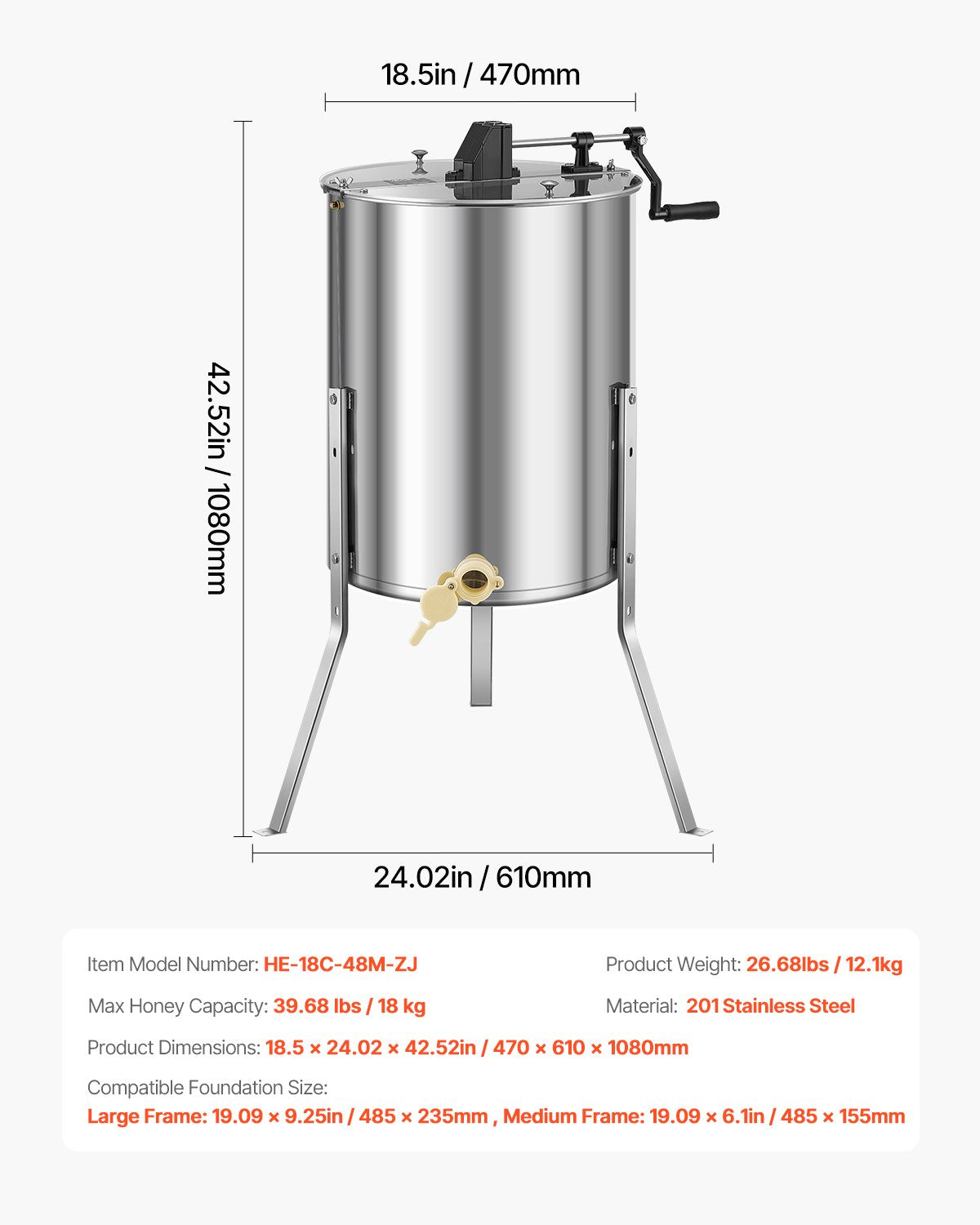 Beekeeping: VEVOR Honey Extractor, 4/8 Frame Manual Honey Spinner with Transparent Lid, Stainless Steel Honeycomb Drum Spinner with Height Adjustable Stand, Honeycomb Extraction Equipment for Beekeeping
