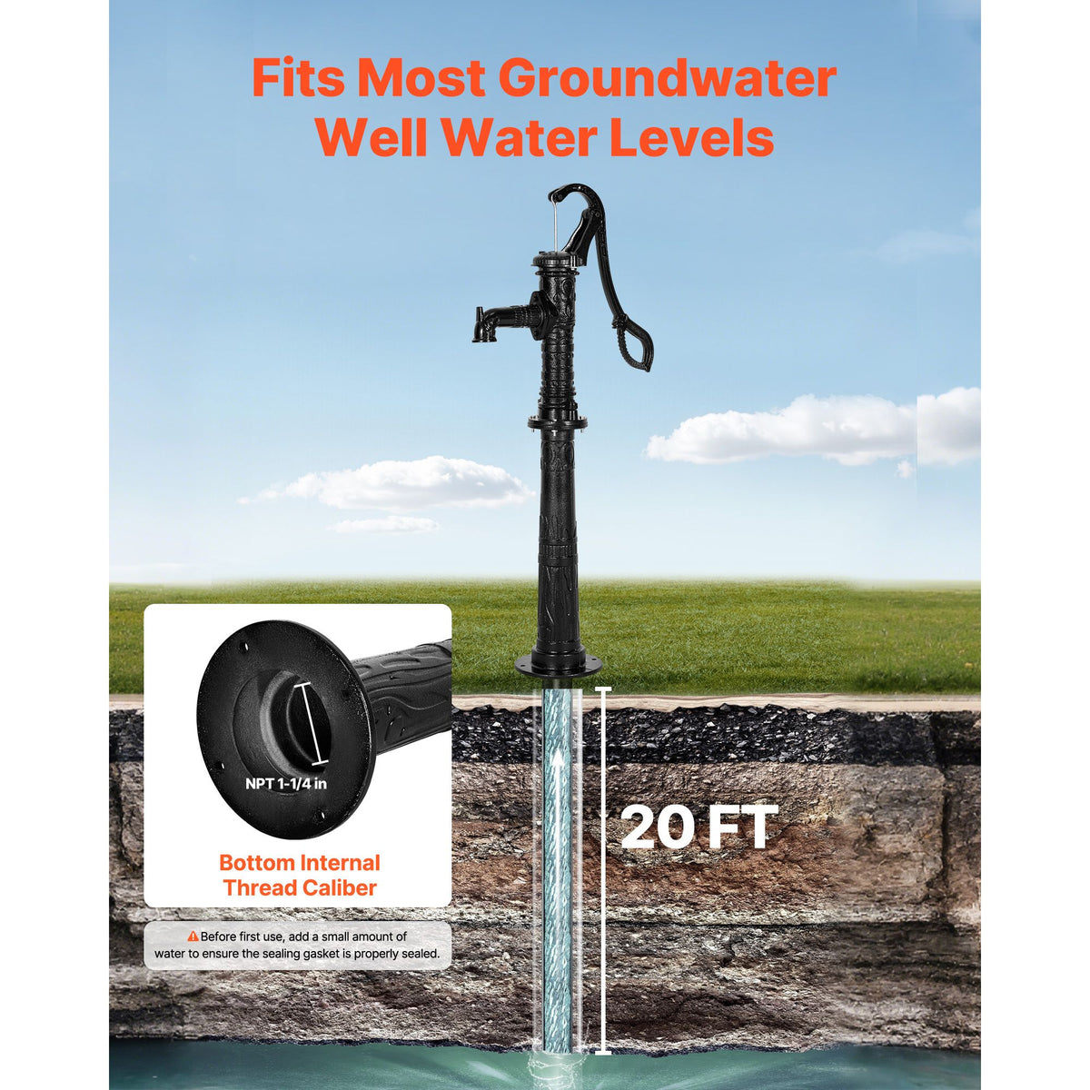 Well Hand Pitcher Pump, 20 ft Max Lift, Antique Cast Iron Manual Hand Water Pump with Heightening Base, NPT 1-1/4 in Connection, Easy Installation, for Outdoor Garden, Pond, Yard, Farm, Black